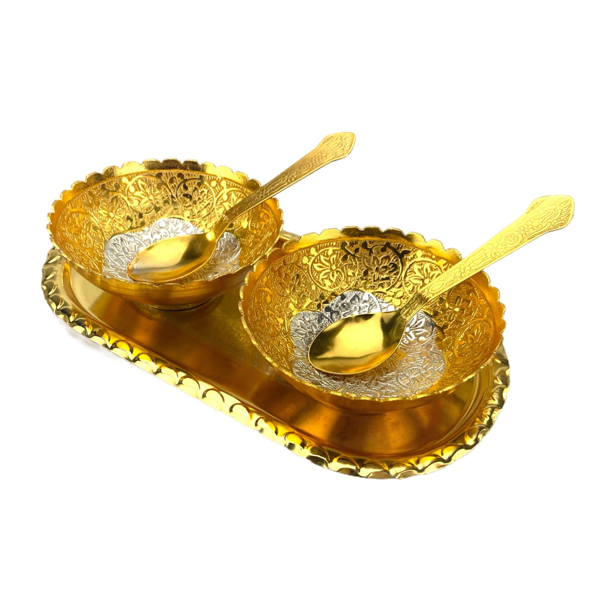Gold Silver Plated Bowl Spoon Tray Set German Silver Bowl Dry Fruits Dessert Serving Set Diwali Christmas Eid Wedding Housewarming Return Gifts Puja Favor - Home Decor Corporate Gift - LoveNspire