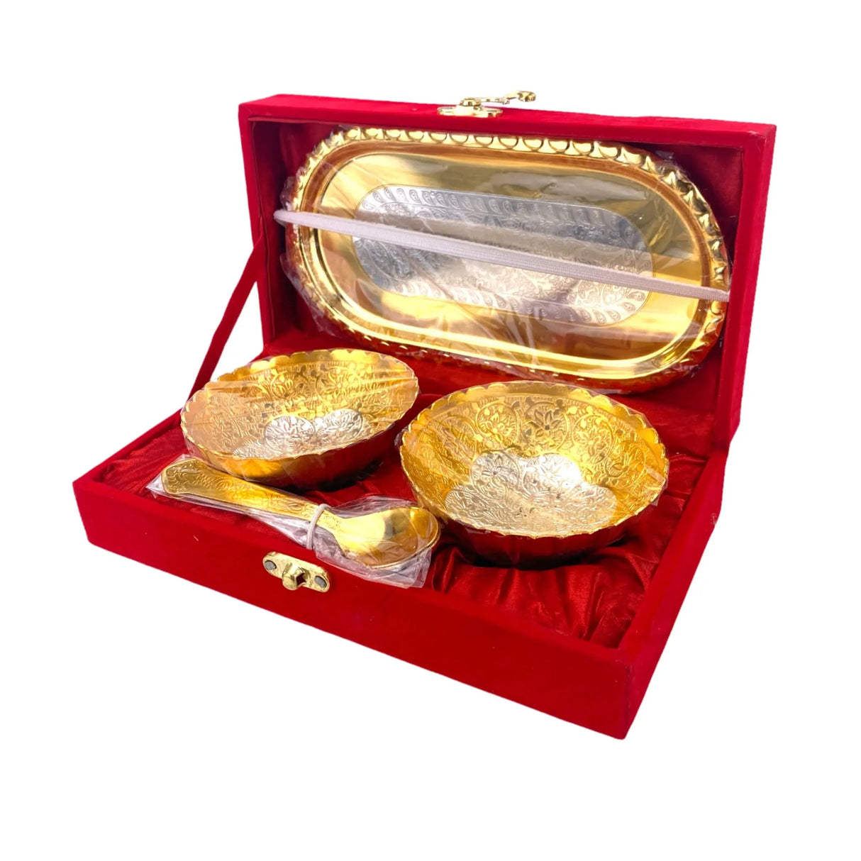 Gold Silver Plated Bowl Spoon Tray Set German Silver Bowl Dry Fruits Dessert Serving Set Diwali Christmas Eid Wedding Housewarming Return Gifts Puja Favor - Home Decor Corporate Gift - LoveNspire