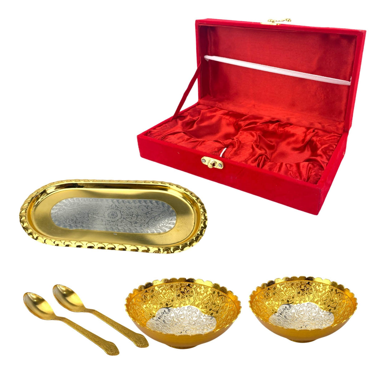 Gold Silver Plated Bowl Spoon Tray Set German Silver Bowl Dry Fruits Dessert Serving Set Diwali Christmas Eid Wedding Housewarming Return Gifts Puja Favor - Home Decor Corporate Gift - LoveNspire