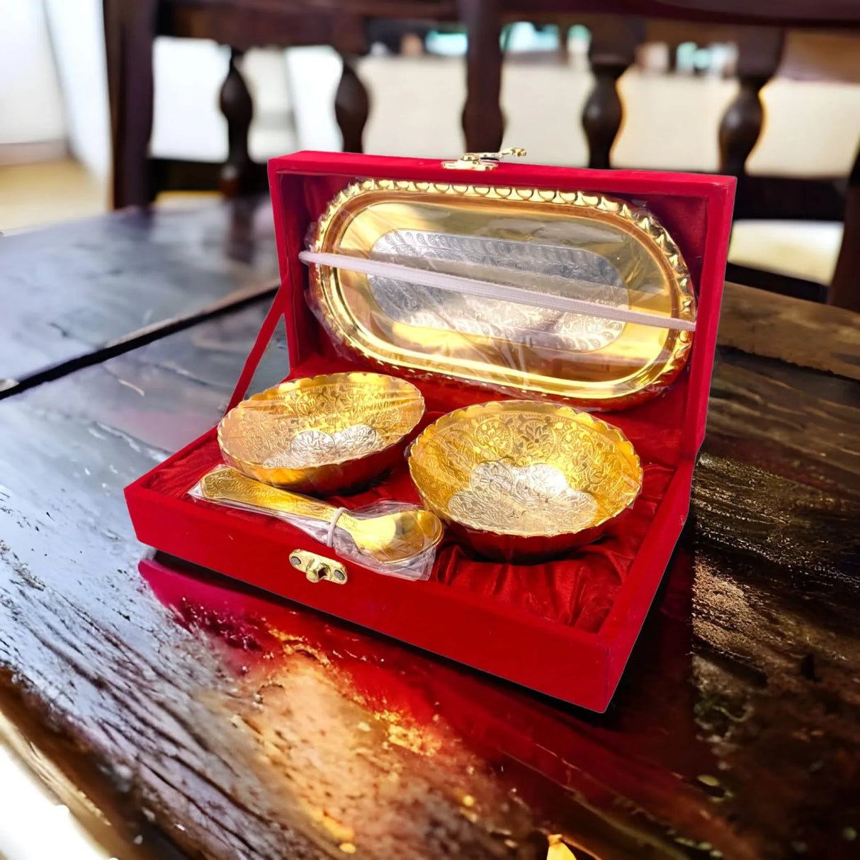 Gold Silver Plated Bowl Spoon Tray Set German Silver Bowl Dry Fruits Dessert Serving Set Diwali Christmas Eid Wedding Housewarming Return Gifts Puja Favor - Home Decor Corporate Gift - LoveNspire