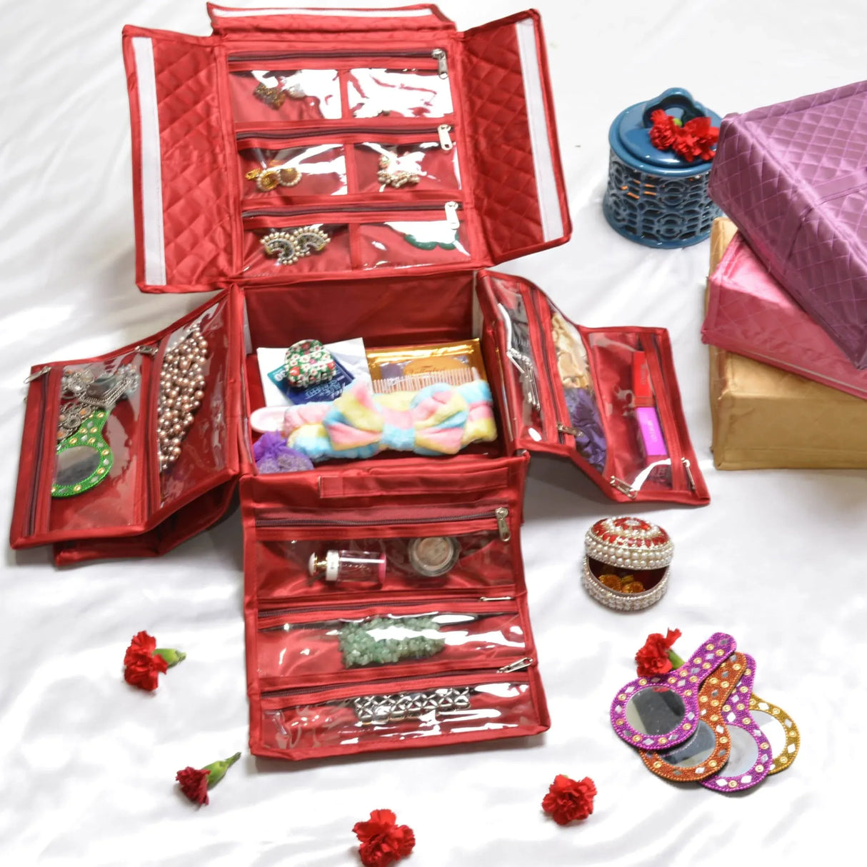 Handmade Jewelry Organizer Foldable Cloth Bag Travel Kit with Transparent Pockets for Earrings Bracelet Traveling Essentials Vanity Housewarming Gift - LoveNspire