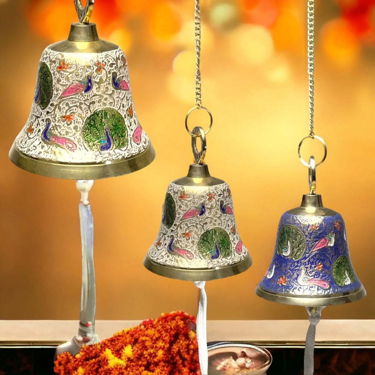 Antique Brass Hanging Bells with Chain for Temple Pooja Room Mandir Decor Peacock Print Small Hanging Bell - 4.75x4 inch Puja Ghanti for Housewarming Gift (Chain Length With Hook 12 Inches) - LoveNspire
