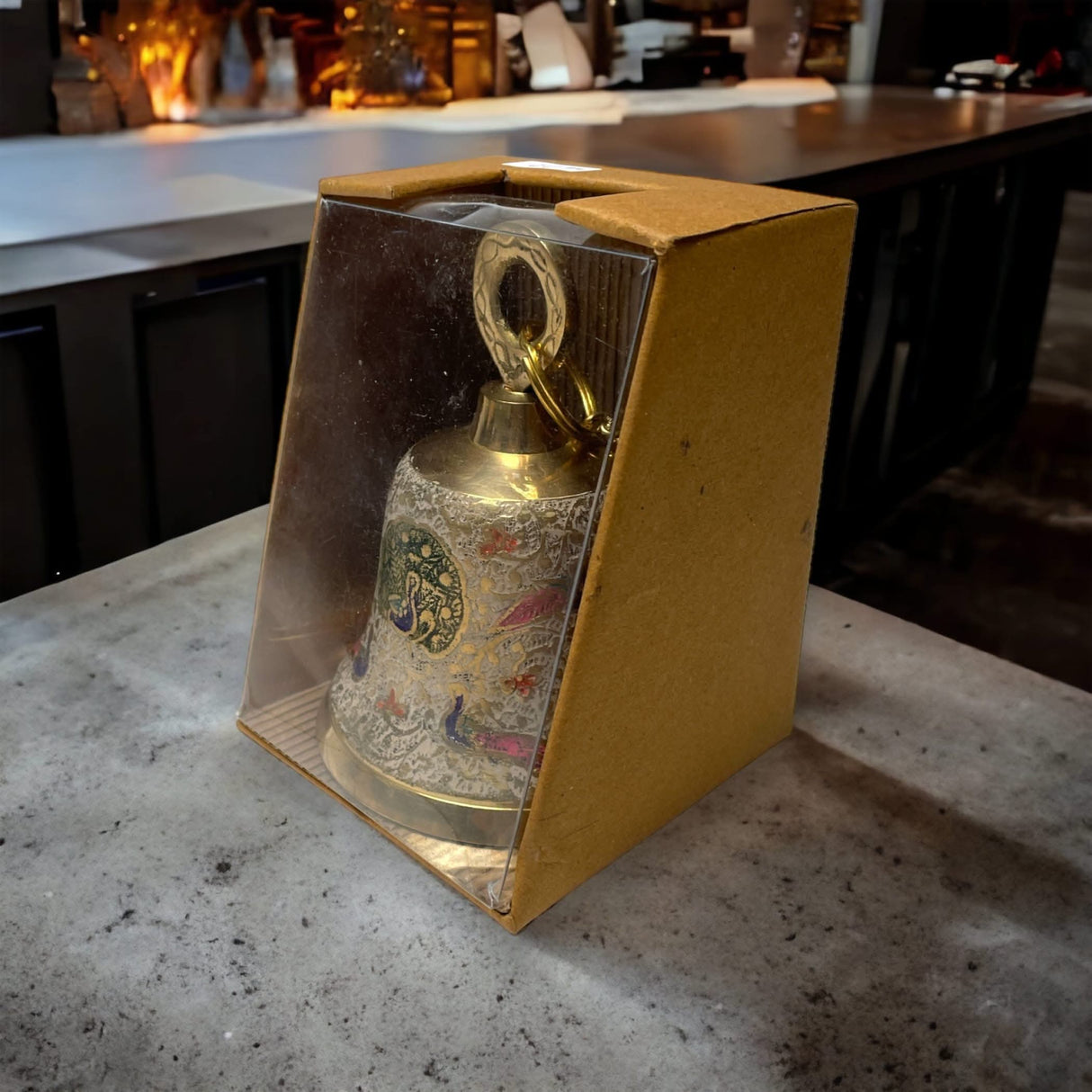 Antique Brass Hanging Bells with Chain for Temple Pooja Room Mandir Decor Peacock Print Small Hanging Bell - 4.75x4 inch Puja Ghanti for Housewarming Gift (Chain Length With Hook 12 Inches) - LoveNspire