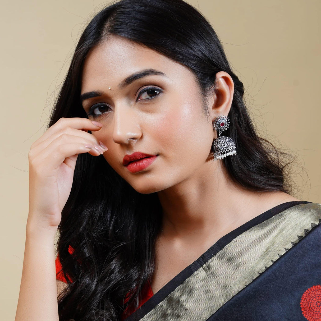 Indian Oxidized Jhumka Earrings for Women - Indian Floral Oxidized Jhumki Ethnic Chandbali Earrings Faux Pearls with Oxidized Platting Bollywood Style Dangle Earring Jewelry for Bride - LoveNspire