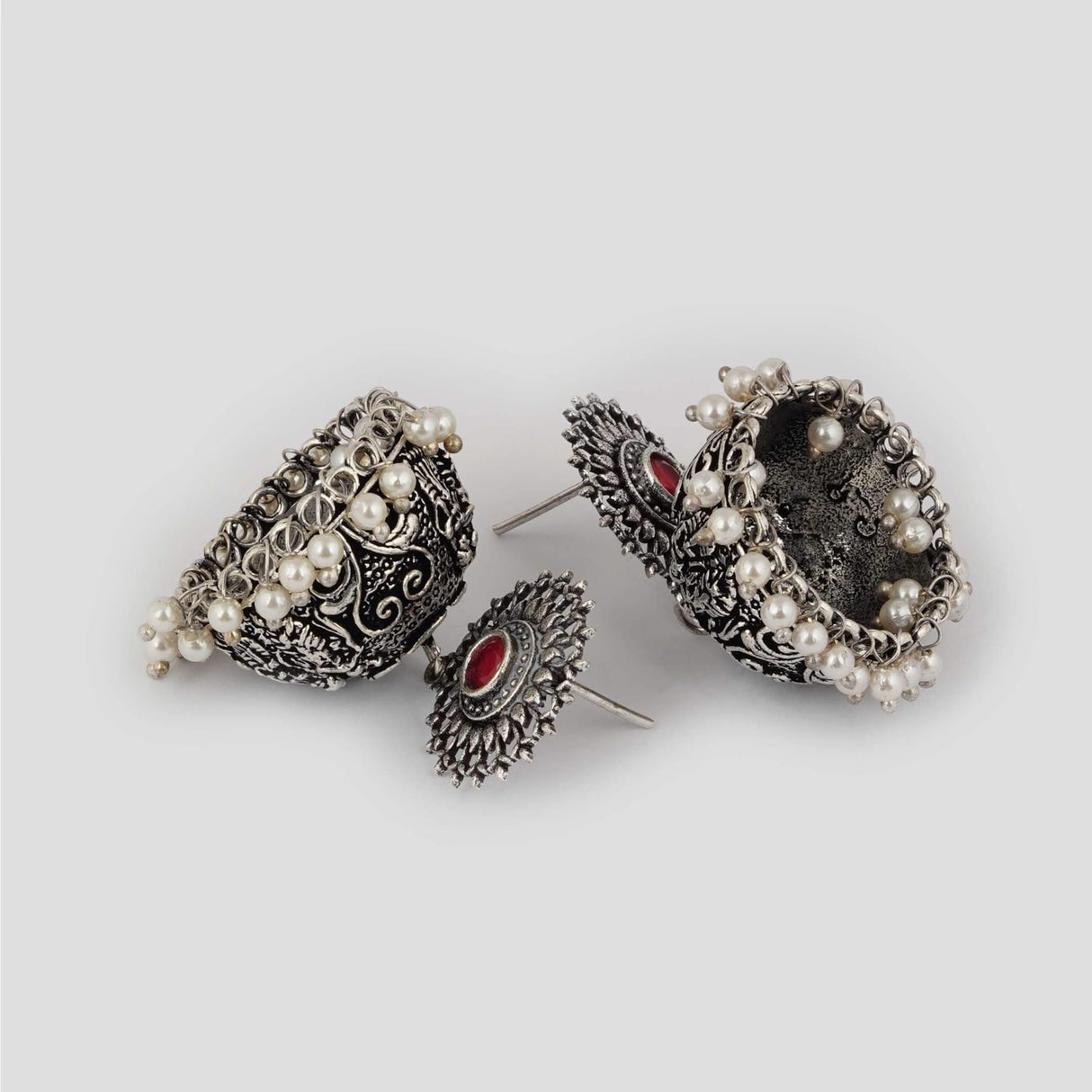 Indian Oxidized Jhumka Earrings for Women - Indian Floral Oxidized Jhumki Ethnic Chandbali Earrings Faux Pearls with Oxidized Platting Bollywood Style Dangle Earring Jewelry for Bride - LoveNspire