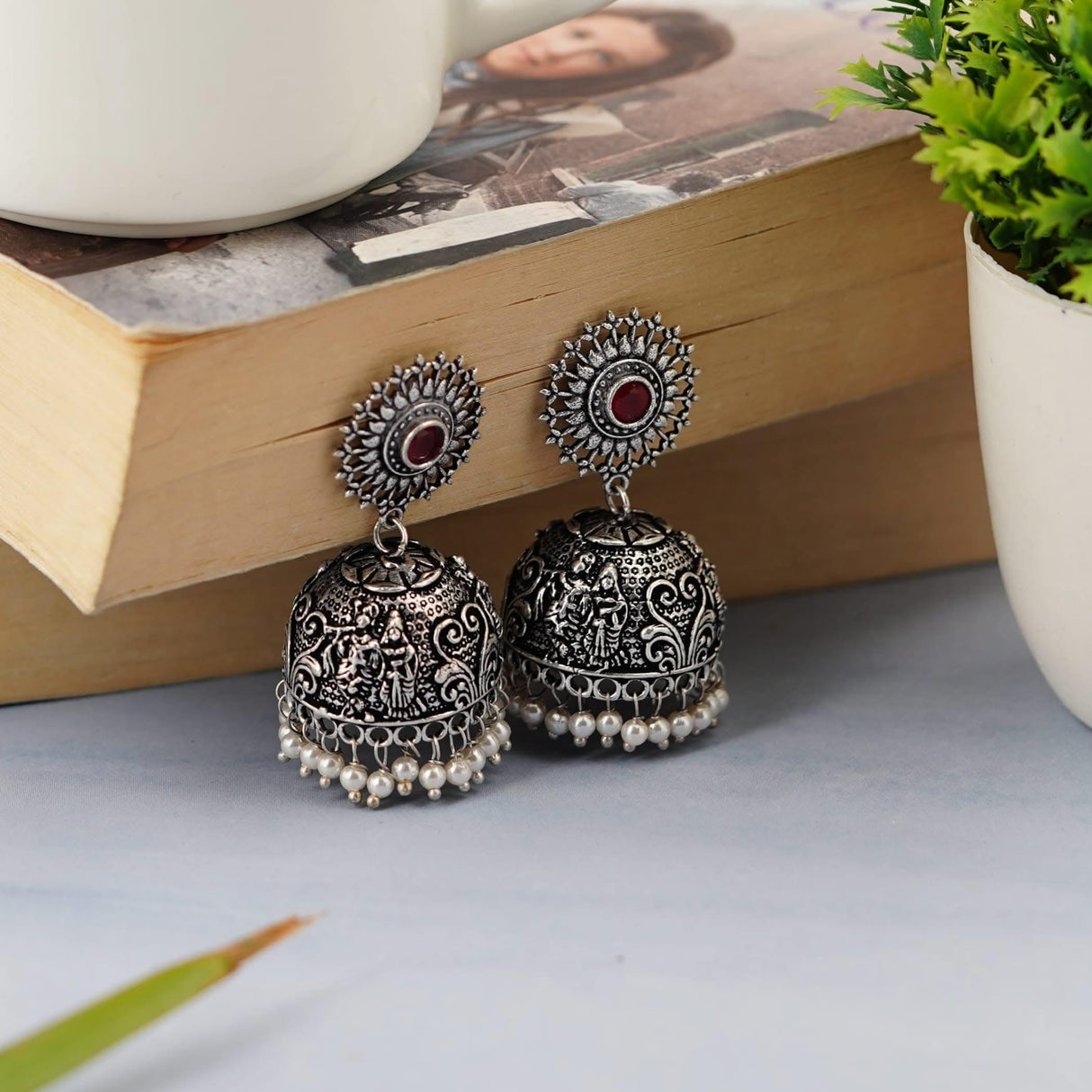 Indian Oxidized Jhumka Earrings for Women - Indian Floral Oxidized Jhumki Ethnic Chandbali Earrings Faux Pearls with Oxidized Platting Bollywood Style Dangle Earring Jewelry for Bride - LoveNspire