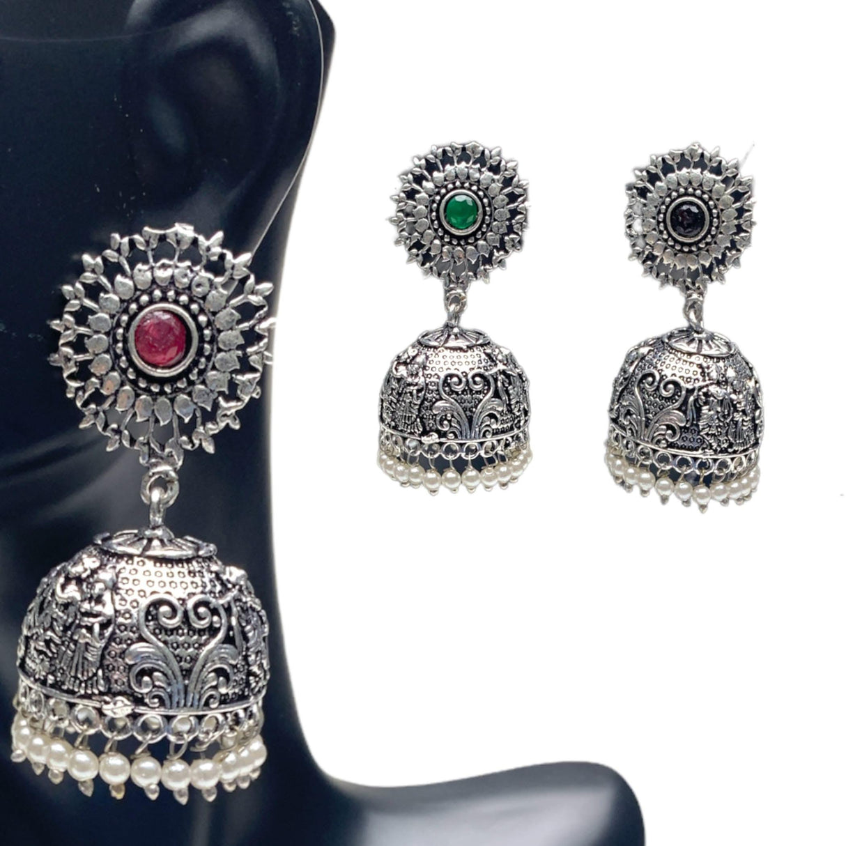 Indian Oxidized Jhumka Earrings for Women - Indian Floral Oxidized Jhumki Ethnic Chandbali Earrings Faux Pearls with Oxidized Platting Bollywood Style Dangle Earring Jewelry for Bride - LoveNspire