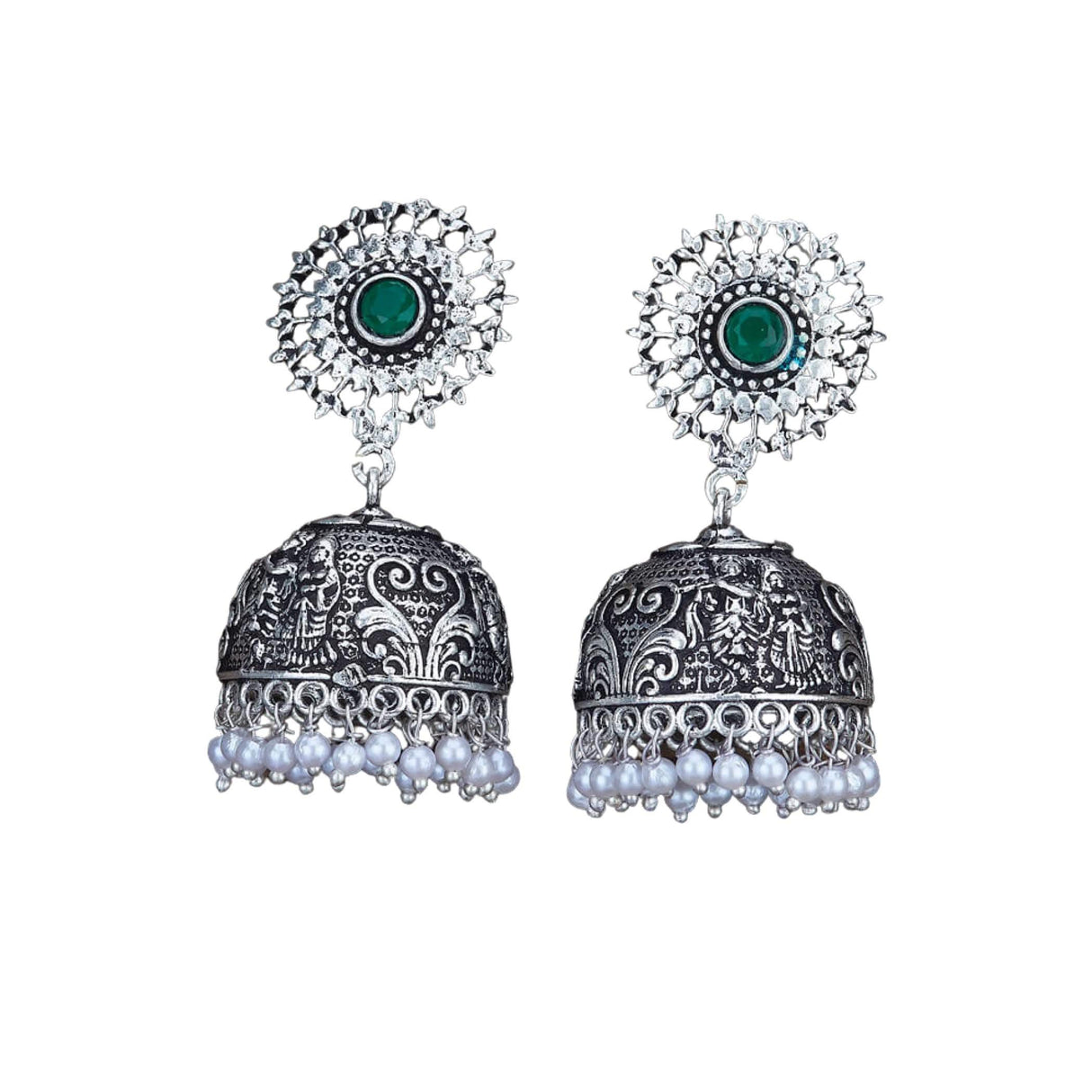 Indian Oxidized Jhumka Earrings for Women - Indian Floral Oxidized Jhumki Ethnic Chandbali Earrings Faux Pearls with Oxidized Platting Bollywood Style Dangle Earring Jewelry for Bride - LoveNspire