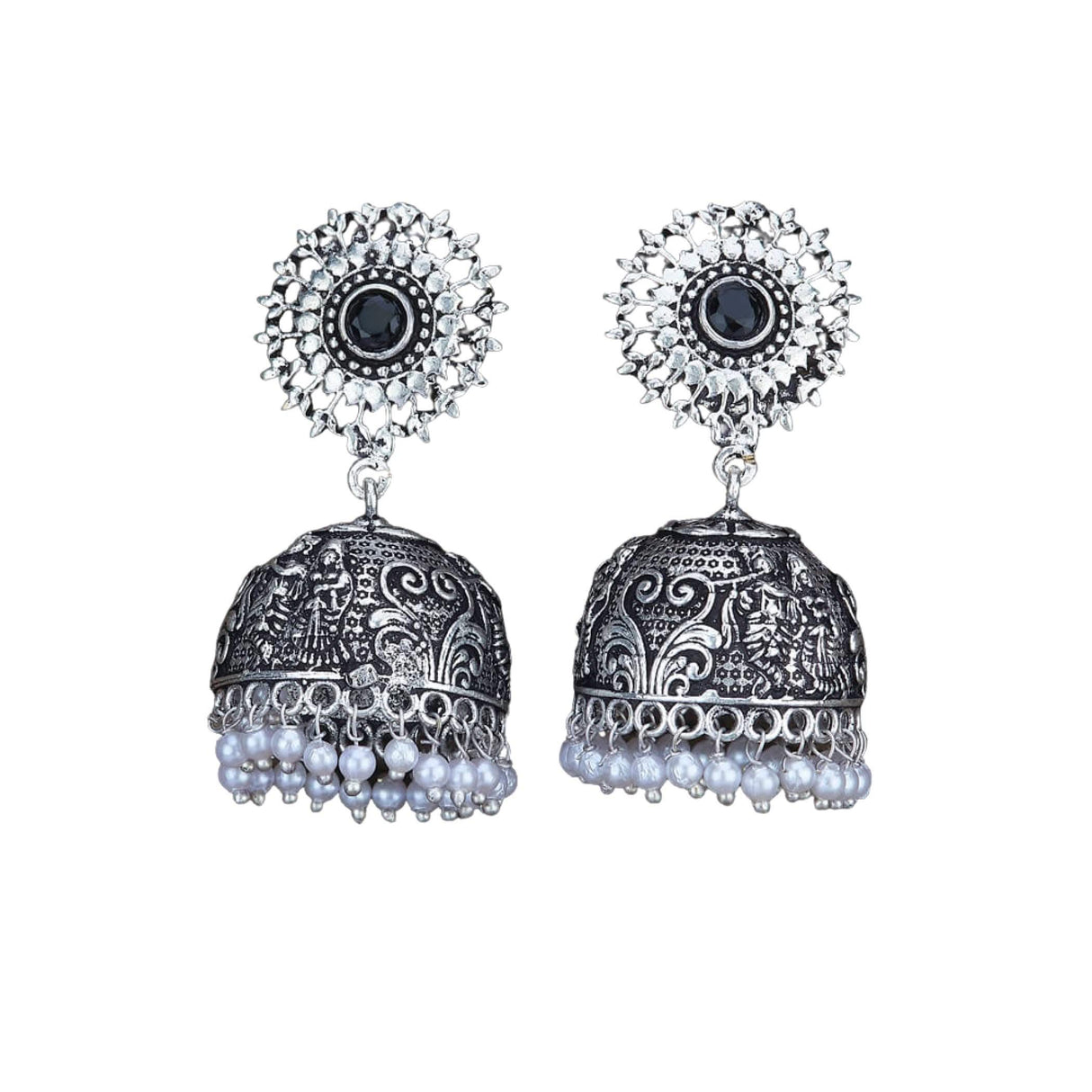 Indian Oxidized Jhumka Earrings for Women - Indian Floral Oxidized Jhumki Ethnic Chandbali Earrings Faux Pearls with Oxidized Platting Bollywood Style Dangle Earring Jewelry for Bride - LoveNspire