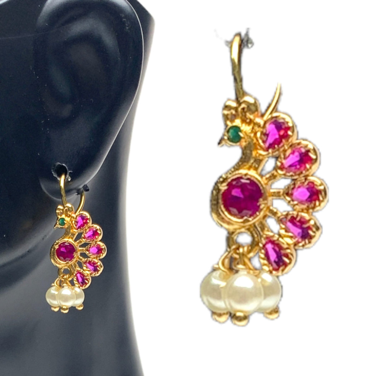 Indian Peacock Earrings for Women - Indian Jhumka Earrings for Women Small Tops Earring in Golden Tone Faux Pearl Bollywood Style Dangle Earring Chandelier Jhumki Jewelry for Bride - LoveNspire