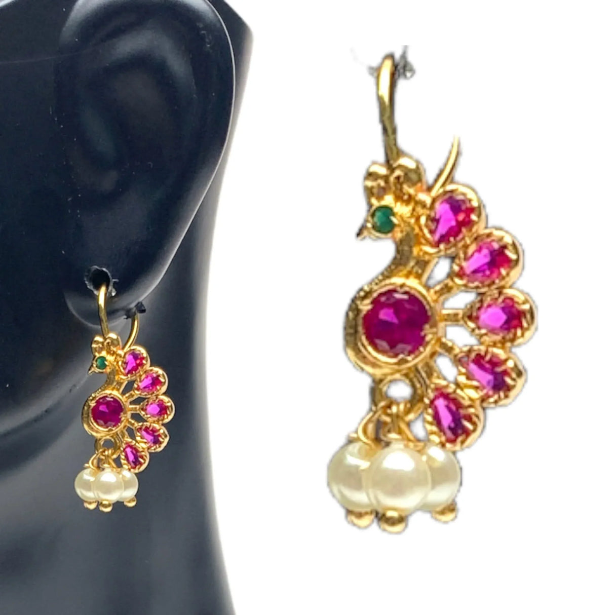 Indian Peacock Earrings for Women - Indian Jhumka Earrings for Women Small Tops Earring in Golden Tone Faux Pearl Bollywood Style Dangle Earring Chandelier Jhumki Jewelry for Bride - LoveNspire
