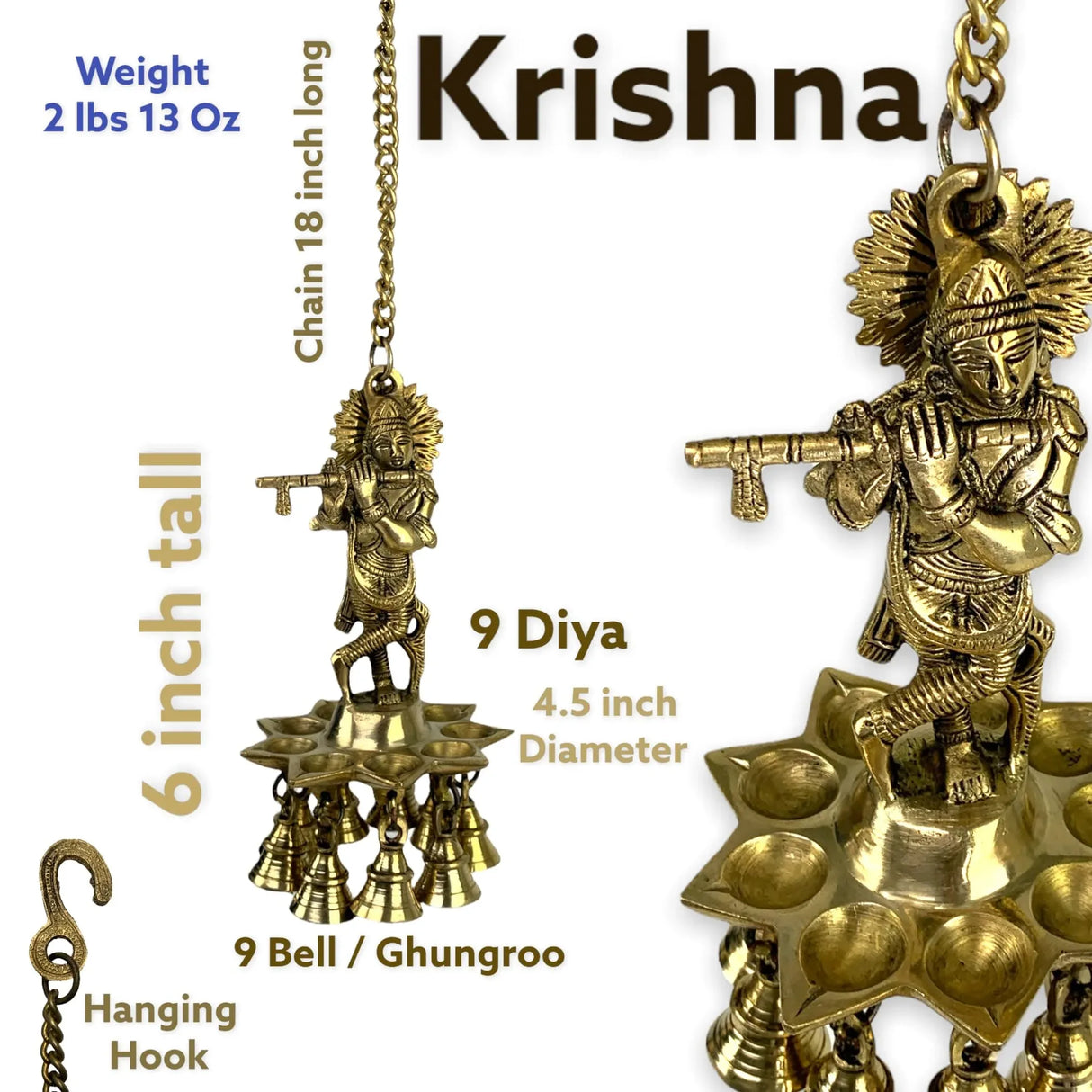 Brass Krishna Wall Hanging Diya with Bells & Chain Krishna Hanging Idol Oil Lamp Home Temple Mandir Office Diwali Decor Kathu Vilakku Puja Diyas - Deepawali Housewarming Return Gifts - LoveNspire