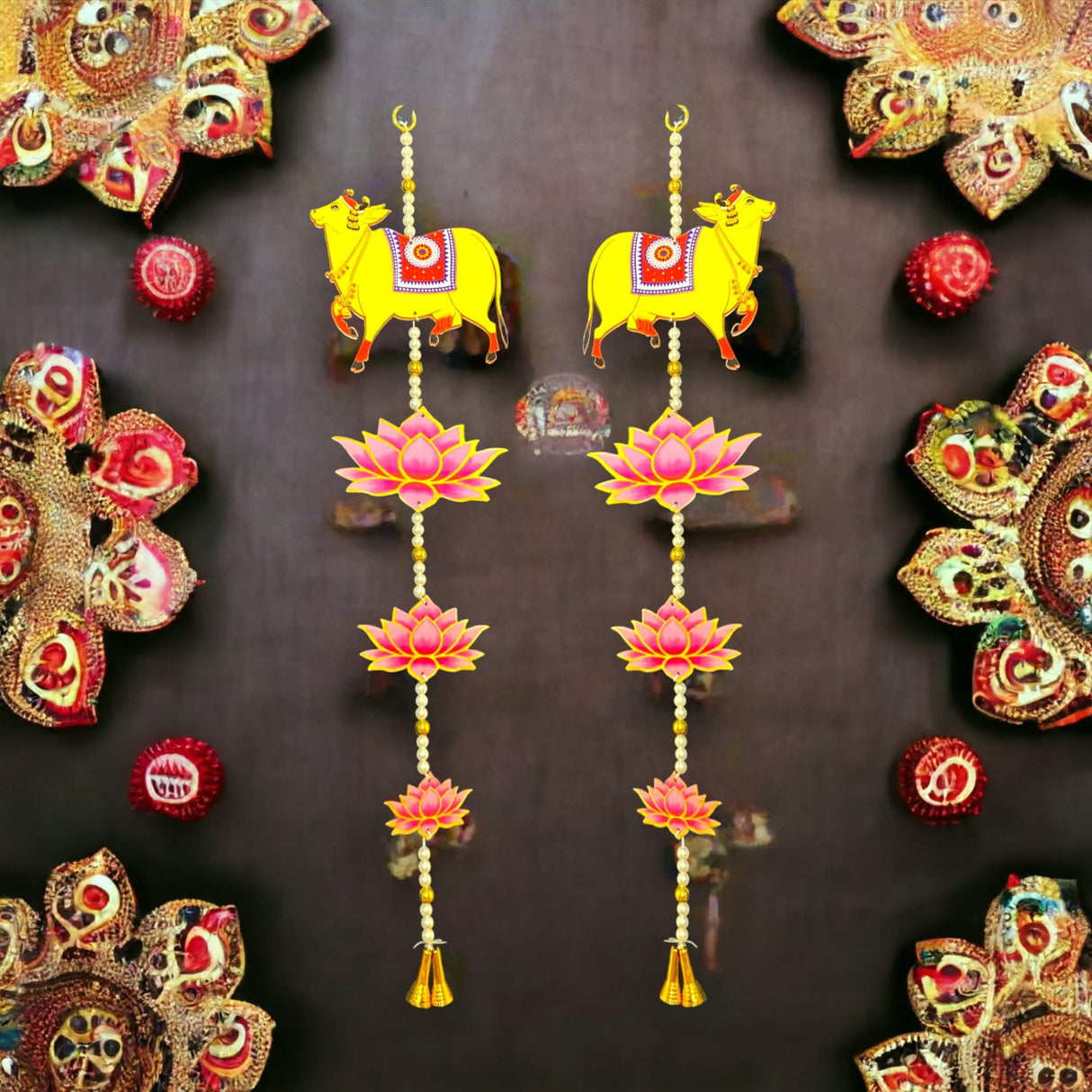 Lotus Cow Pair Hangings for Home Decor, Lotus Backdrop Hanging, Lotus Cutout, Pooja Decor, Diwali Decoration, Wedding, Diwali Decor, Wall Decor, - LoveNspire