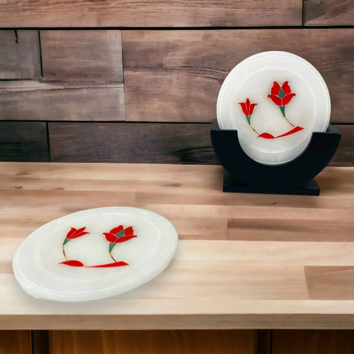 Set of 4 Inlay Marble Tea Coasters with 1 Holder Absorbent Durable Drink Coaster for Coffee Table Living Room Decor Contemporary Coaster Housewarming Return Gift - LoveNspire