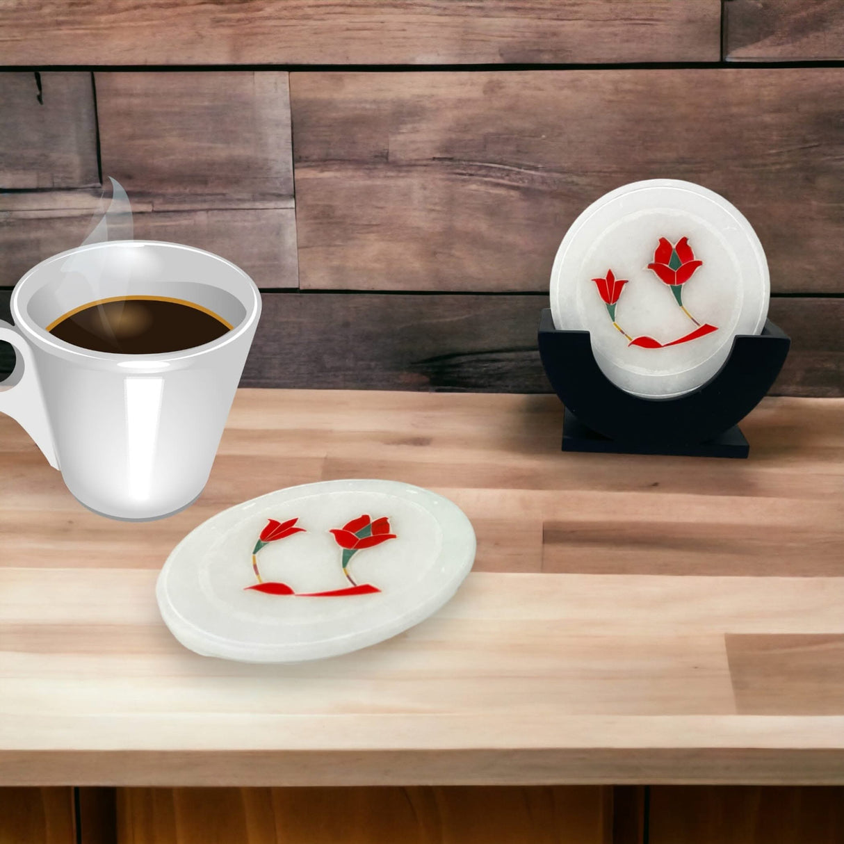 Set of 4 Inlay Marble Tea Coasters with 1 Holder Absorbent Durable Drink Coaster for Coffee Table Living Room Decor Contemporary Coaster Housewarming Return Gift - LoveNspire