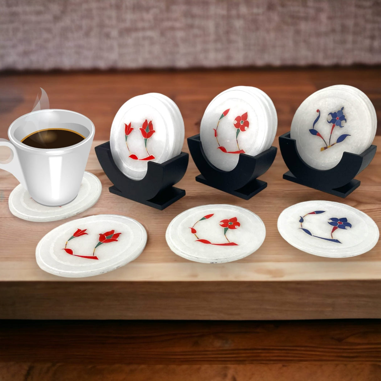 Set of 4 Inlay Marble Tea Coasters with 1 Holder Absorbent Durable Drink Coaster for Coffee Table Living Room Decor Contemporary Coaster Housewarming Return Gift - LoveNspire