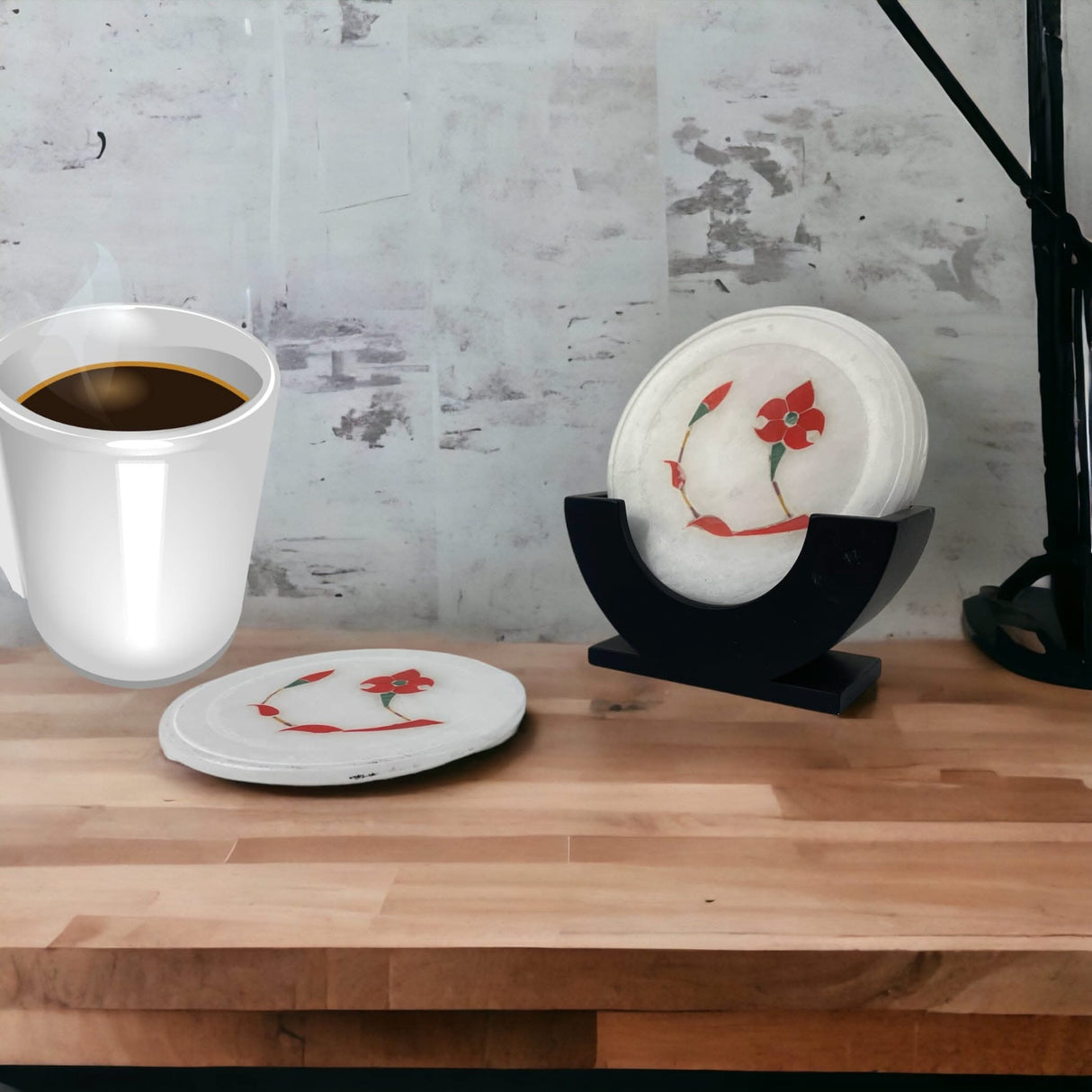 Set of 4 Inlay Marble Tea Coasters with 1 Holder Absorbent Durable Drink Coaster for Coffee Table Living Room Decor Contemporary Coaster Housewarming Return Gift - LoveNspire