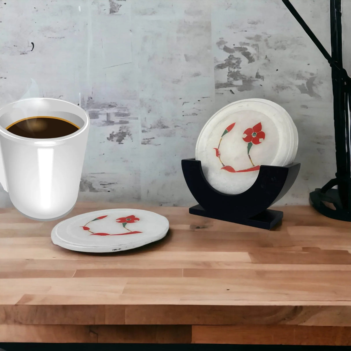 Set of 4 Inlay Marble Tea Coasters with 1 Holder Absorbent Durable Drink Coaster for Coffee Table Living Room Decor Contemporary Coaster Housewarming Return Gift - LoveNspire