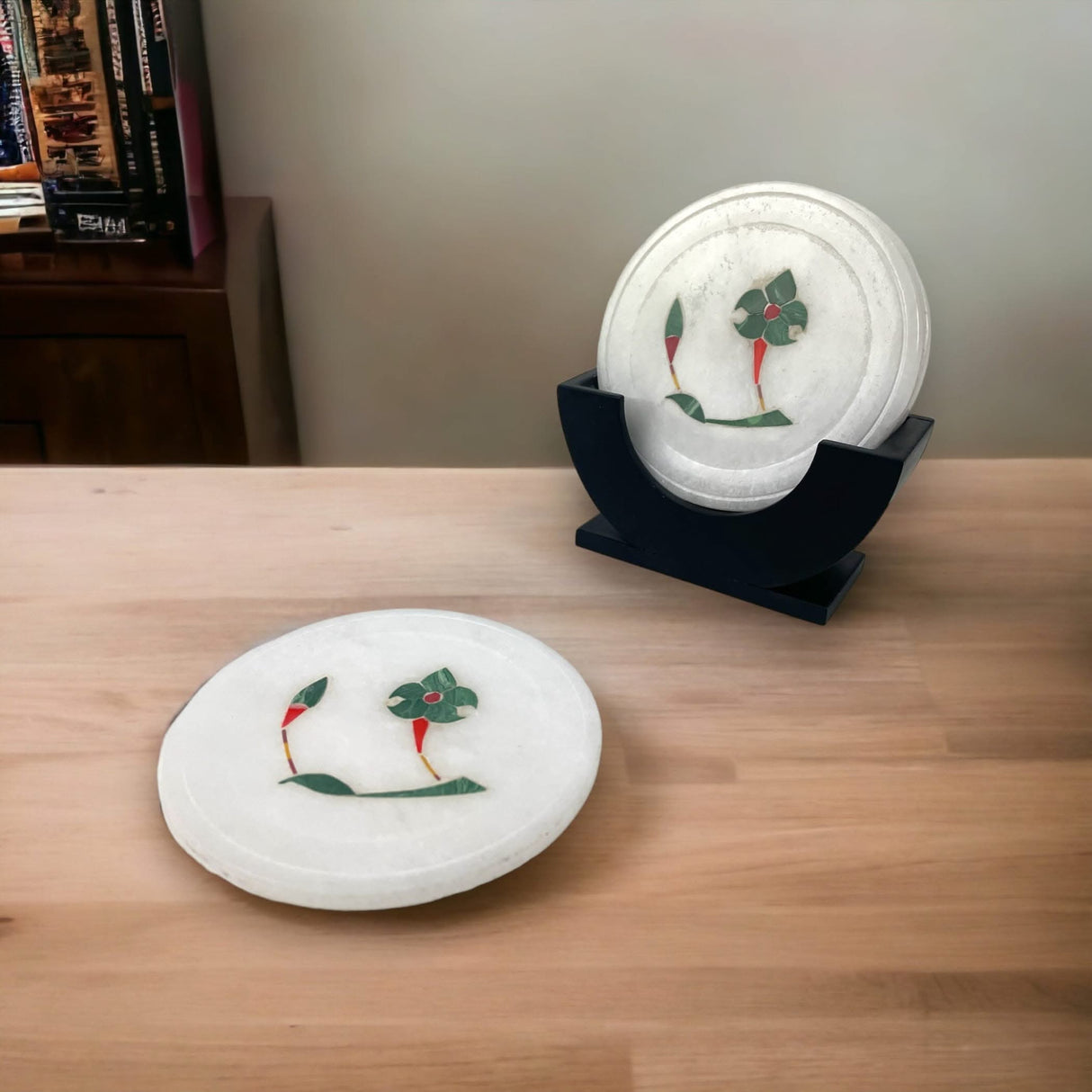 Set of 4 Inlay Marble Tea Coasters with 1 Holder Absorbent Durable Drink Coaster for Coffee Table Living Room Decor Contemporary Coaster Housewarming Return Gift - LoveNspire