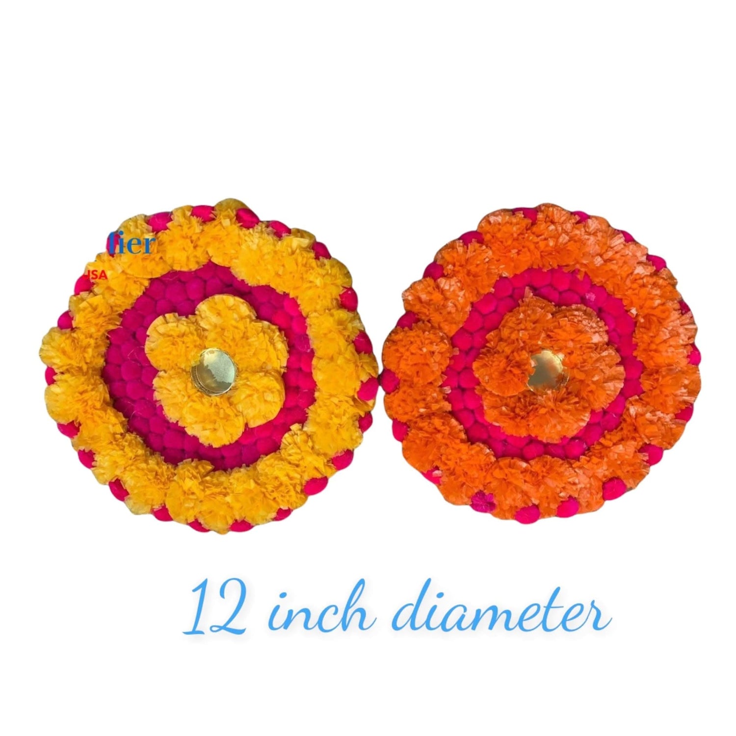 Rangoli Mat Diwali Decor Round Tea Light Holders Artificial Marigold Flowers Pompom Decorative Home Pooja Temple Decor Housewarming Return Gift Day of the Dead Dia De Los Muertos Ofrenda - LoveNspire