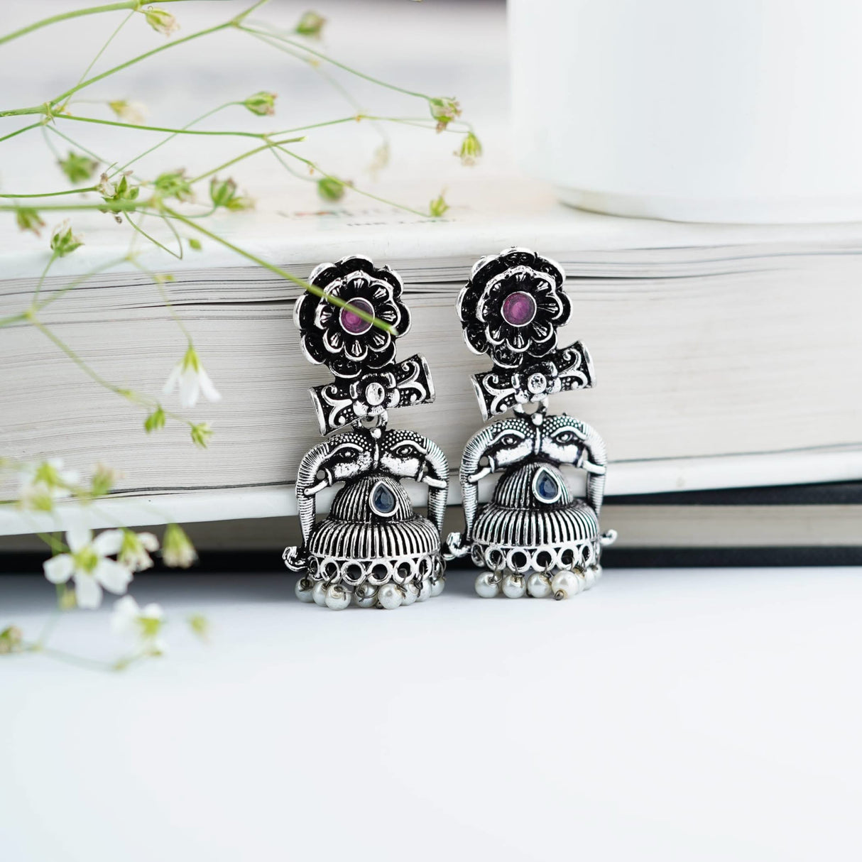 Indian Oxidized Jhumka Earrings for Women - Indian Oxidized Trishul Jhumki Ethnic Shiva Trident Chandbali Earrings Faux Pearls Bollywood Style Floral Dangle Earring Jewelry for Bride - LoveNspire