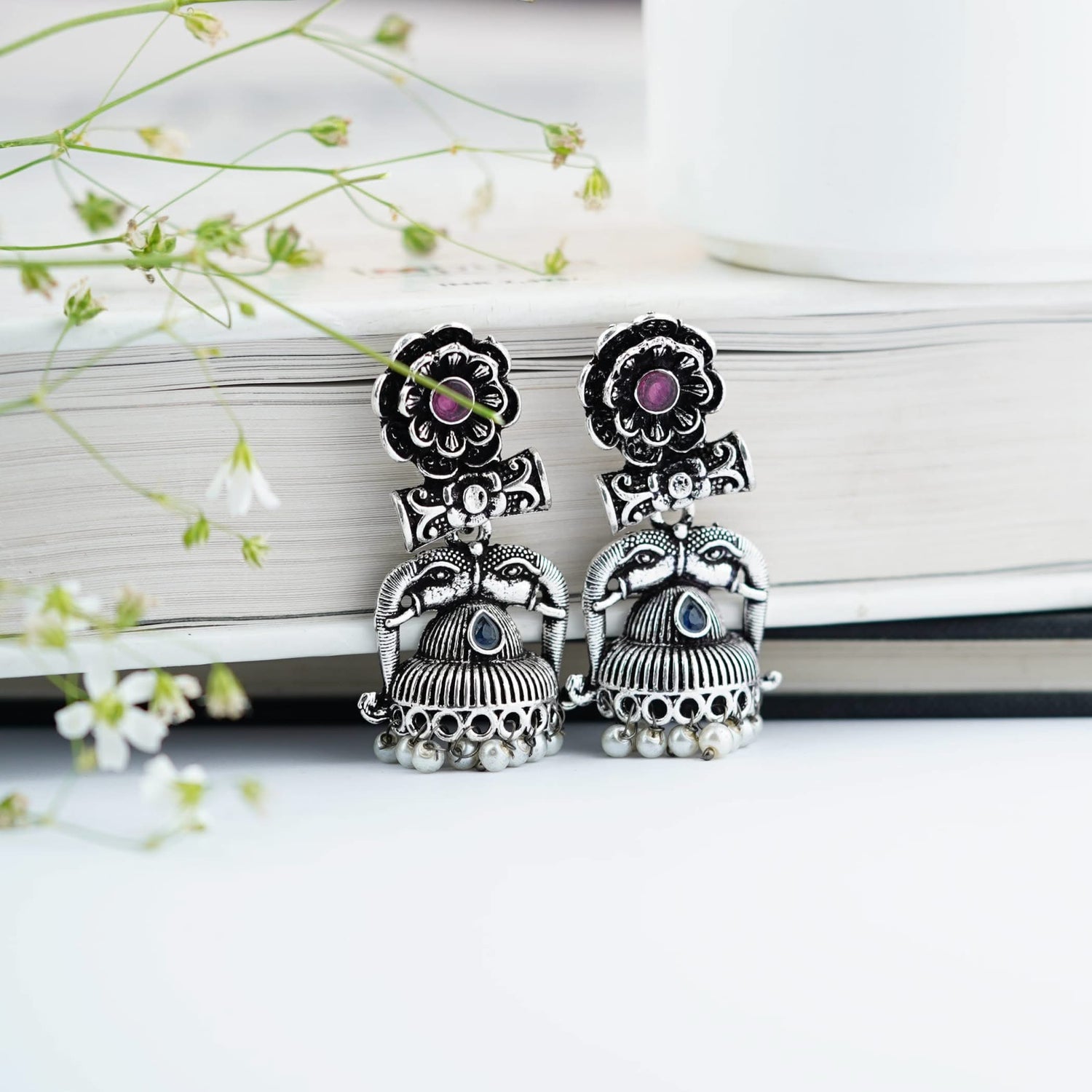 Indian Oxidized Jhumka Earrings for Women - Indian Oxidized Trishul Jhumki Ethnic Shiva Trident Chandbali Earrings Faux Pearls Bollywood Style Floral Dangle Earring Jewelry for Bride - LoveNspire