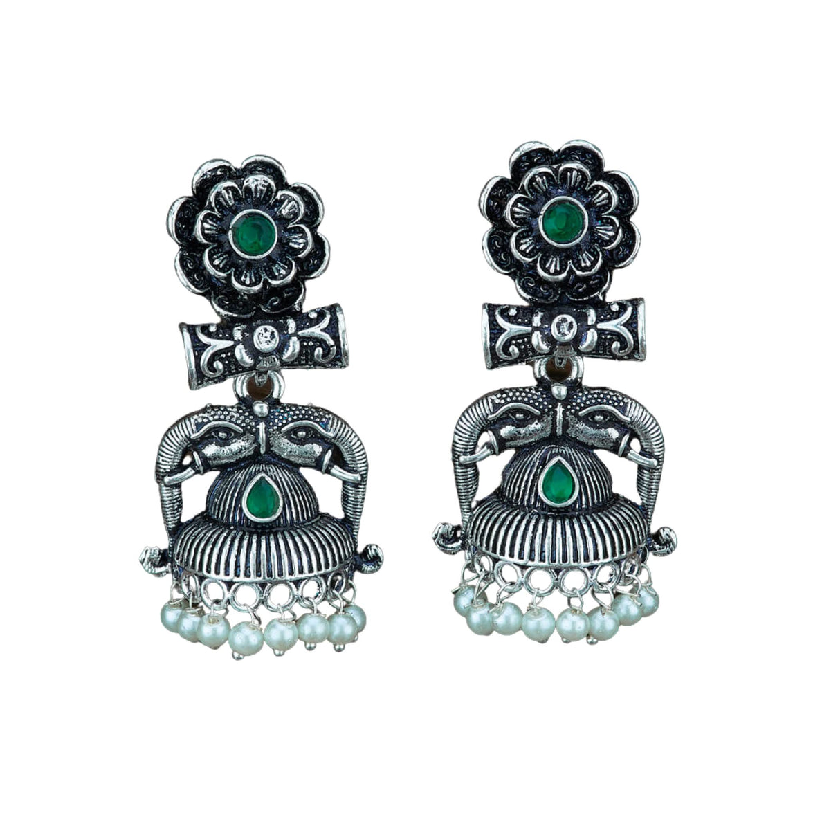 Indian Oxidized Jhumka Earrings for Women - Indian Oxidized Trishul Jhumki Ethnic Shiva Trident Chandbali Earrings Faux Pearls Bollywood Style Floral Dangle Earring Jewelry for Bride - LoveNspire