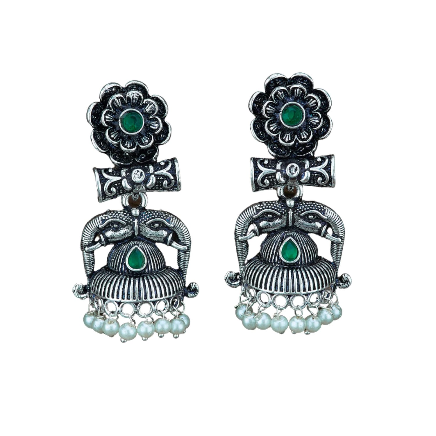 Indian Oxidized Jhumka Earrings for Women - Indian Oxidized Trishul Jhumki Ethnic Shiva Trident Chandbali Earrings Faux Pearls Bollywood Style Floral Dangle Earring Jewelry for Bride - LoveNspire