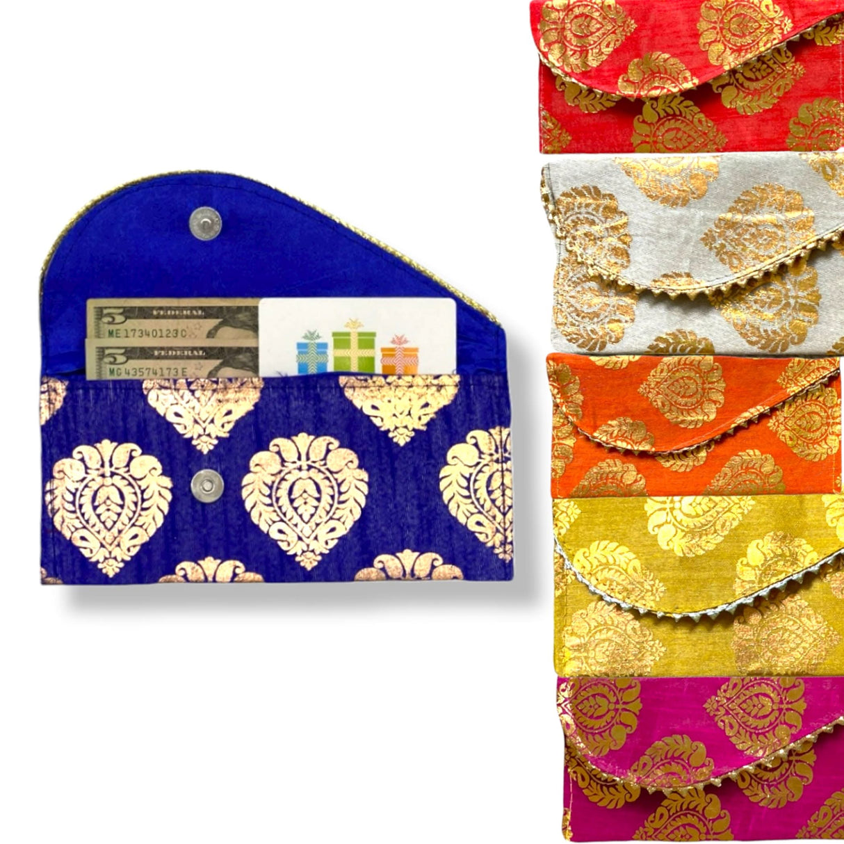 Pack of 5 Brocade Fabric Money Envelopes for Cash Decorative Shagun Lifafa Gift Card Holder Lucky Cash Currency Holder Magnetic Tip Envelopes Wedding Diwali Gift - LoveNspire