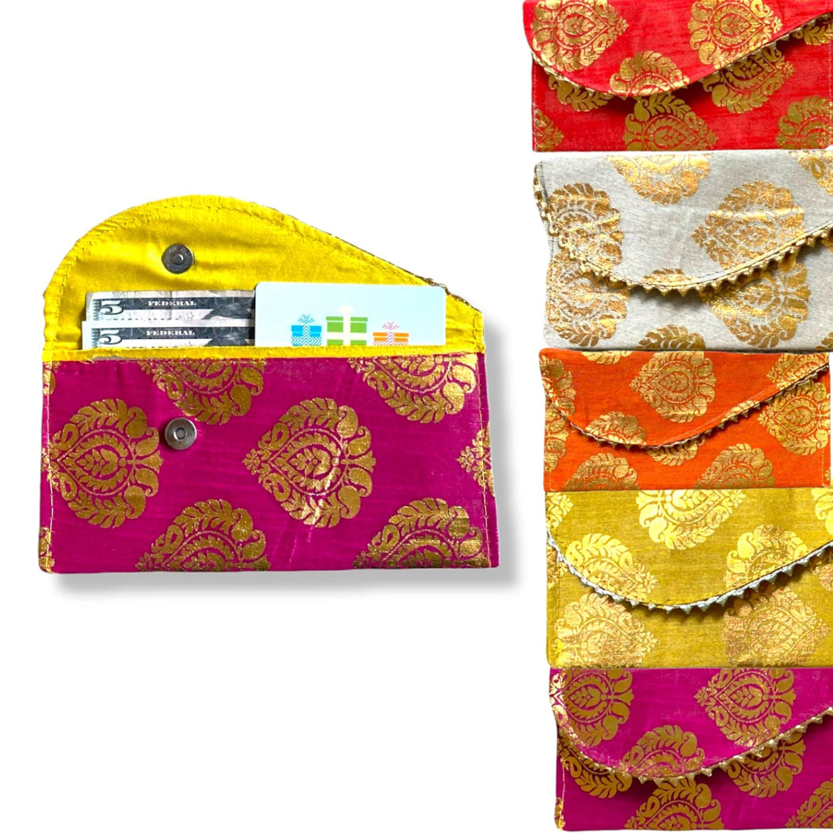 Pack of 5 Brocade Fabric Money Envelopes for Cash Decorative Shagun Lifafa Gift Card Holder Lucky Cash Currency Holder Magnetic Tip Envelopes Wedding Diwali Gift - LoveNspire