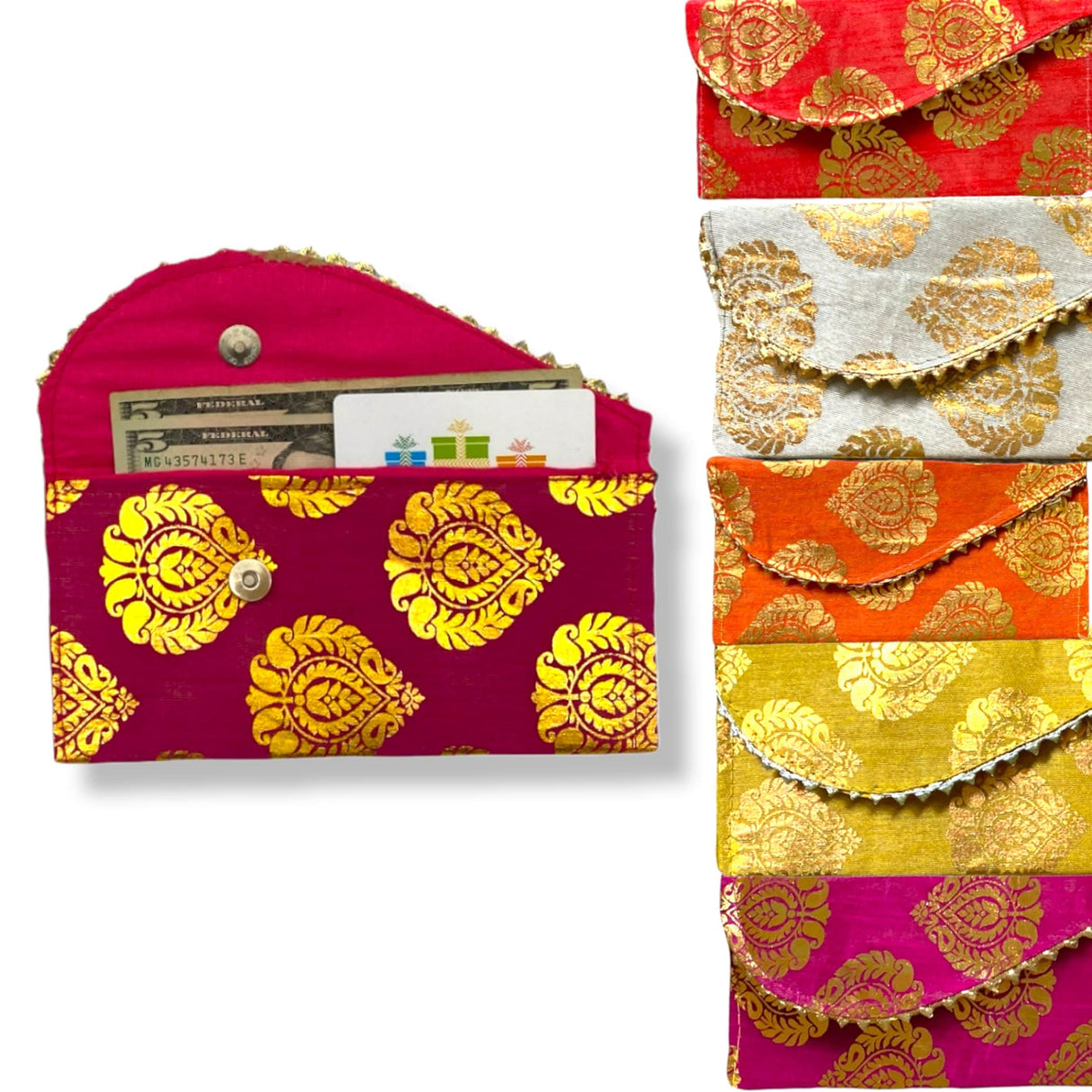 Pack of 5 Brocade Fabric Money Envelopes for Cash Decorative Shagun Lifafa Gift Card Holder Lucky Cash Currency Holder Magnetic Tip Envelopes Wedding Diwali Gift - LoveNspire