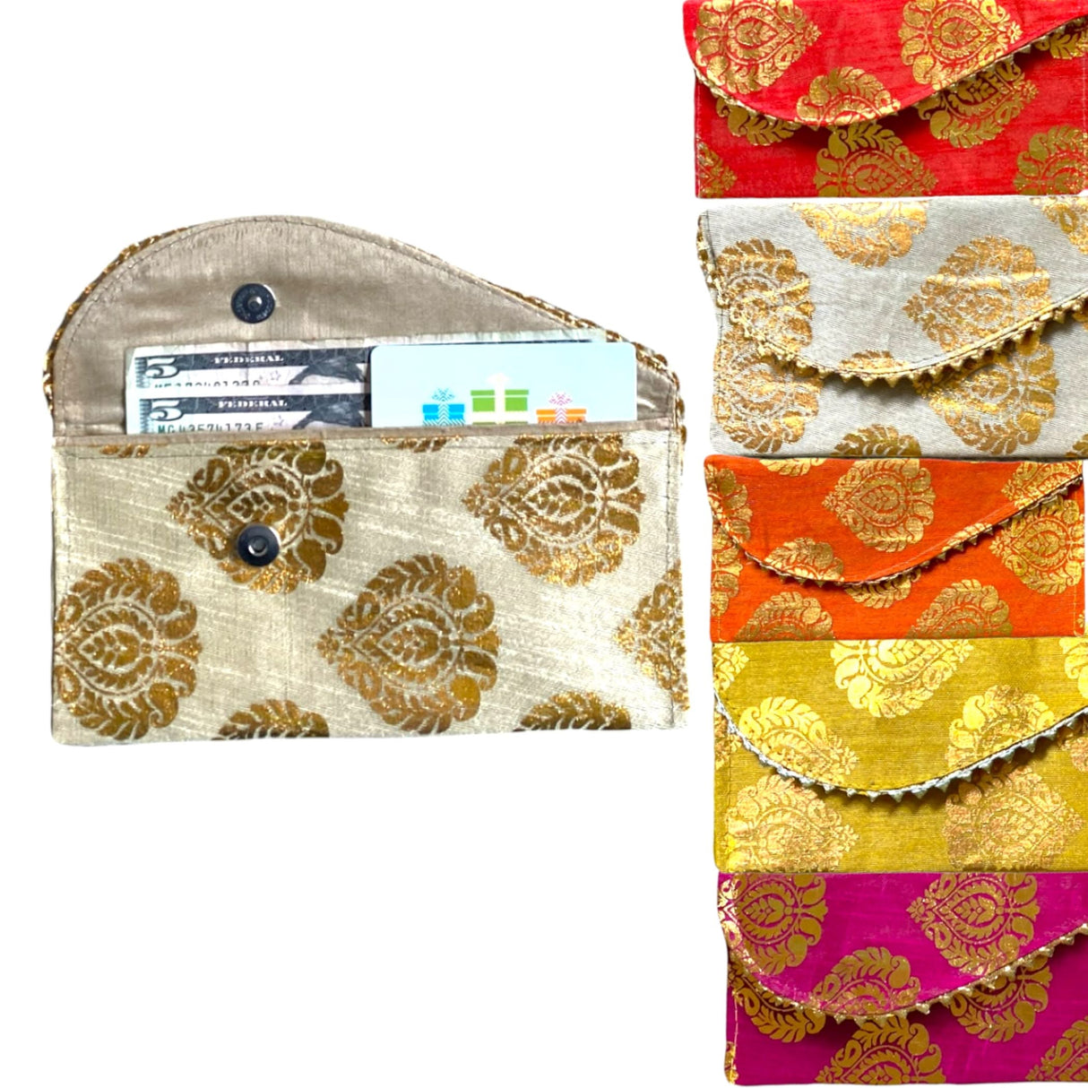 Pack of 5 Brocade Fabric Money Envelopes for Cash Decorative Shagun Lifafa Gift Card Holder Lucky Cash Currency Holder Magnetic Tip Envelopes Wedding Diwali Gift - LoveNspire