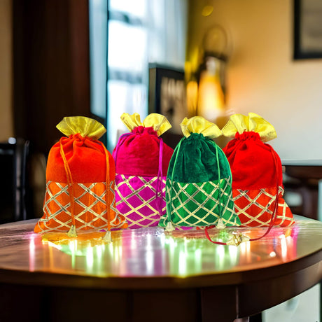 5 Potli Bags, Gifting Bags, Women Velvet Hand Bags, Wedding Return Gifts for Pooja Housewarming Favor - LoveNspire