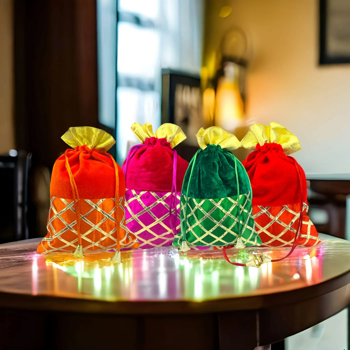 5 Potli Bags, Gifting Bags, Women Velvet Hand Bags, Wedding Return Gifts for Pooja Housewarming Favor - LoveNspire