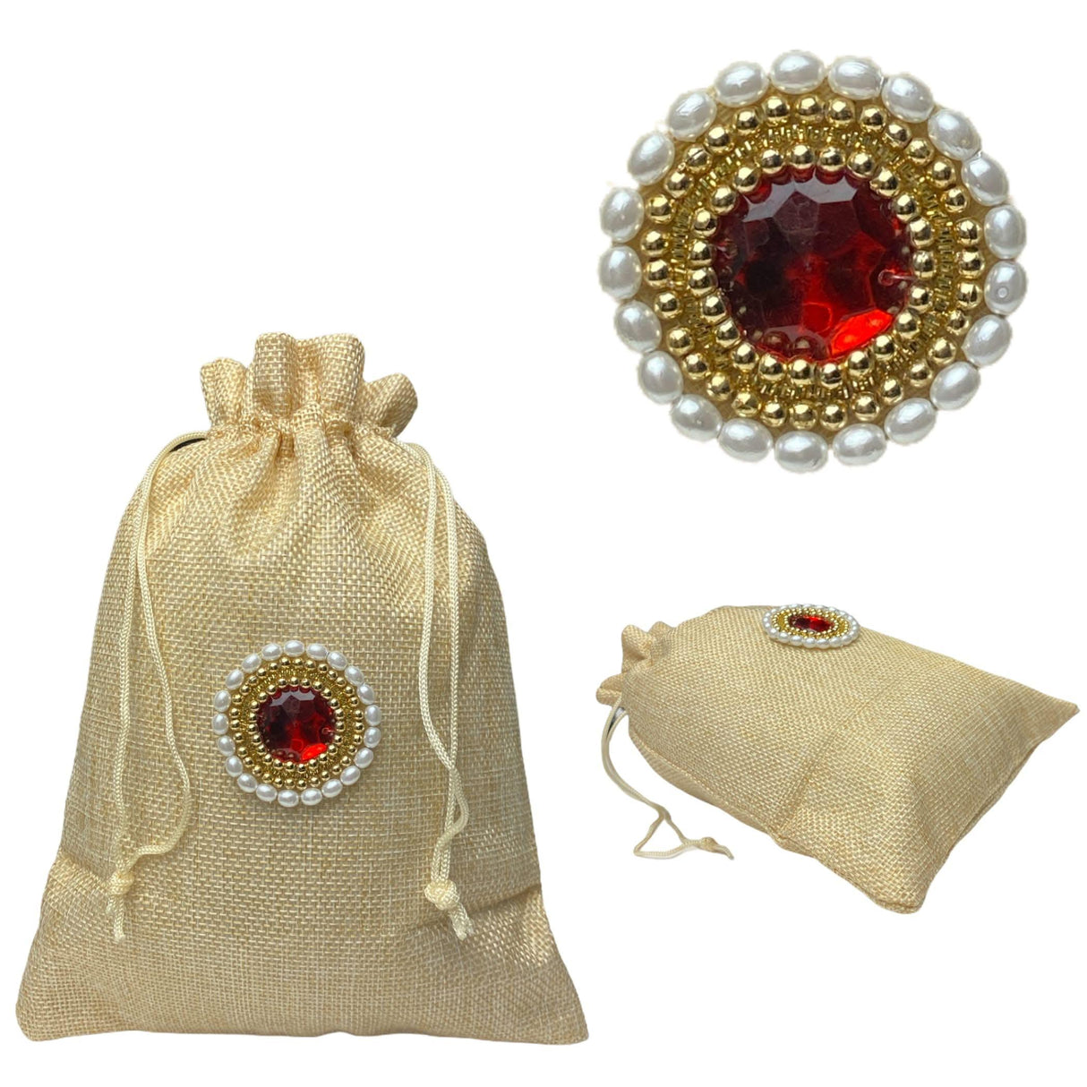 Pack of 5 Ethnic Jute Potli Bags with Drawstring for Women Natural Jute Bridal Purse Reusable Lined Potli Indian Wedding, Eid, Nikah, Mehendi Favor Gift for Her - LoveNspire