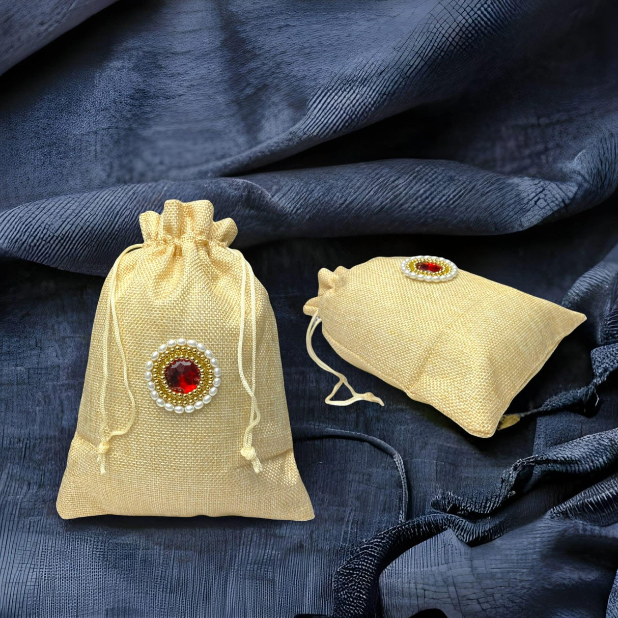 Pack of 5 Ethnic Jute Potli Bags with Drawstring for Women Natural Jute Bridal Purse Reusable Lined Potli Indian Wedding, Eid, Nikah, Mehendi Favor Gift for Her - LoveNspire