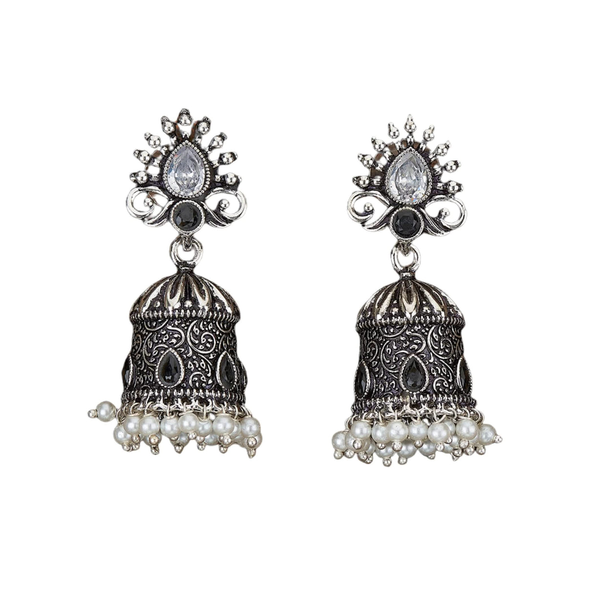 Indian Oxidized Jhumka Earrings for Women - Vintage Indian Jhumki Ethnic Chandbali Earrings Faux Pearls with Oxidized Platting Bollywood Style Dangle Earring Jewelry for Bride Gift for Her - LoveNspire