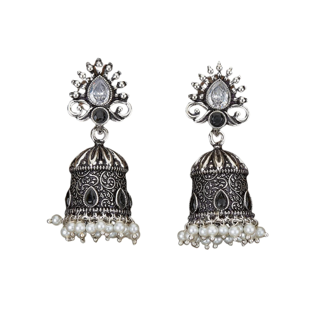 Indian Oxidized Jhumka Earrings for Women - Vintage Indian Jhumki Ethnic Chandbali Earrings Faux Pearls with Oxidized Platting Bollywood Style Dangle Earring Jewelry for Bride Gift for Her - LoveNspire