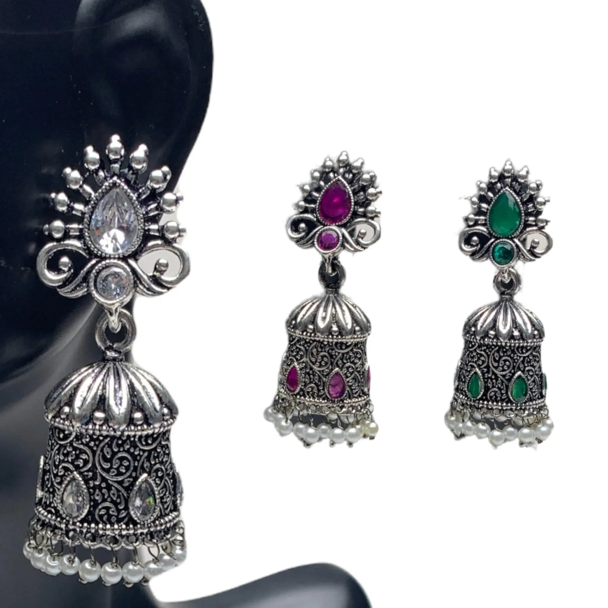 Indian Oxidized Jhumka Earrings for Women - Vintage Indian Jhumki Ethnic Chandbali Earrings Faux Pearls with Oxidized Platting Bollywood Style Dangle Earring Jewelry for Bride Gift for Her - LoveNspire