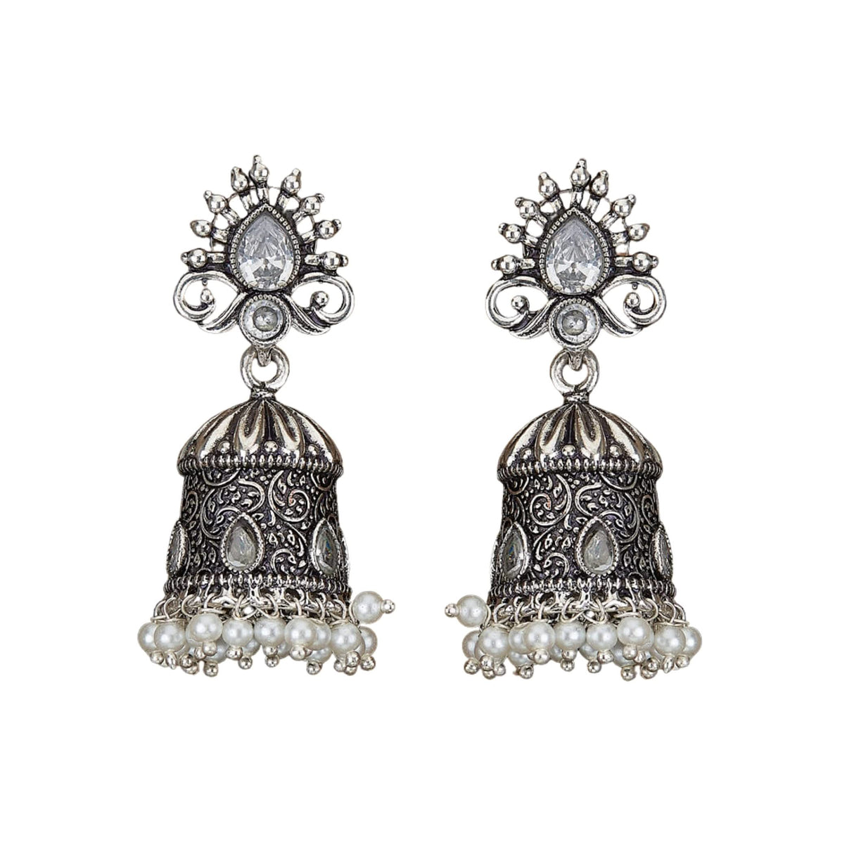 Indian Oxidized Jhumka Earrings for Women - Vintage Indian Jhumki Ethnic Chandbali Earrings Faux Pearls with Oxidized Platting Bollywood Style Dangle Earring Jewelry for Bride Gift for Her - LoveNspire