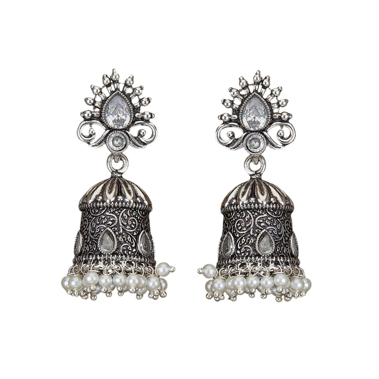 Indian Oxidized Jhumka Earrings for Women - Vintage Indian Jhumki Ethnic Chandbali Earrings Faux Pearls with Oxidized Platting Bollywood Style Dangle Earring Jewelry for Bride Gift for Her - LoveNspire