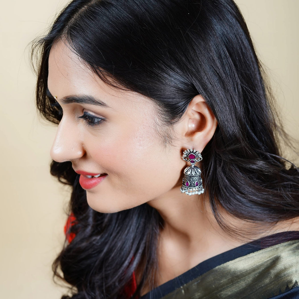 Indian Oxidized Jhumka Earrings for Women - Vintage Indian Jhumki Ethnic Chandbali Earrings Faux Pearls with Oxidized Platting Bollywood Style Dangle Earring Jewelry for Bride Gift for Her - LoveNspire