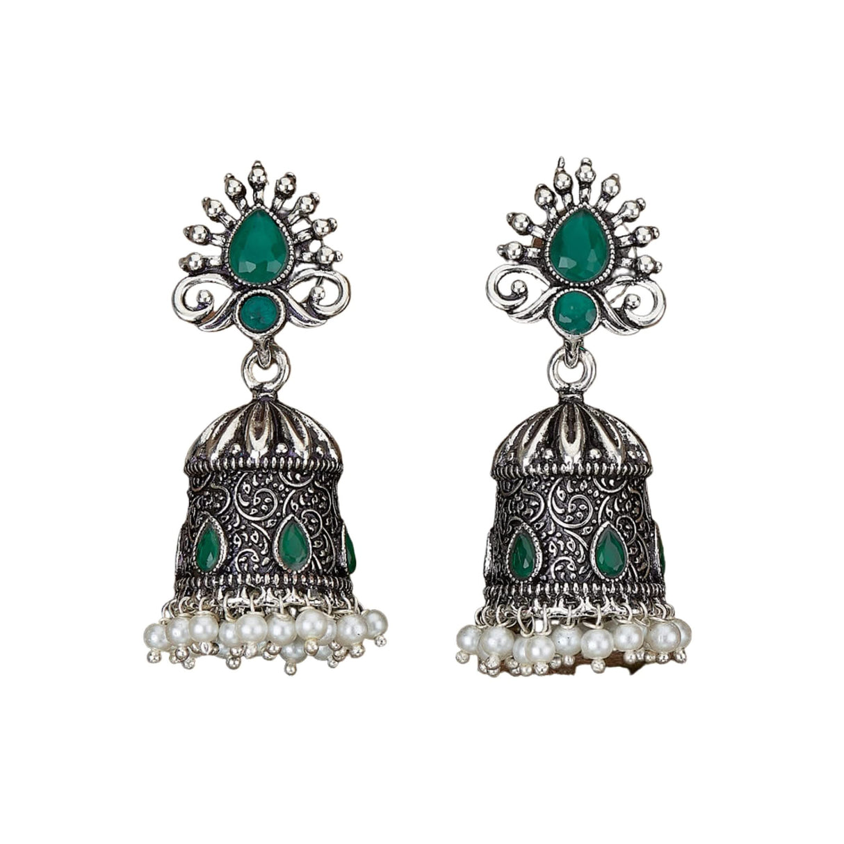 Indian Oxidized Jhumka Earrings for Women - Vintage Indian Jhumki Ethnic Chandbali Earrings Faux Pearls with Oxidized Platting Bollywood Style Dangle Earring Jewelry for Bride Gift for Her - LoveNspire
