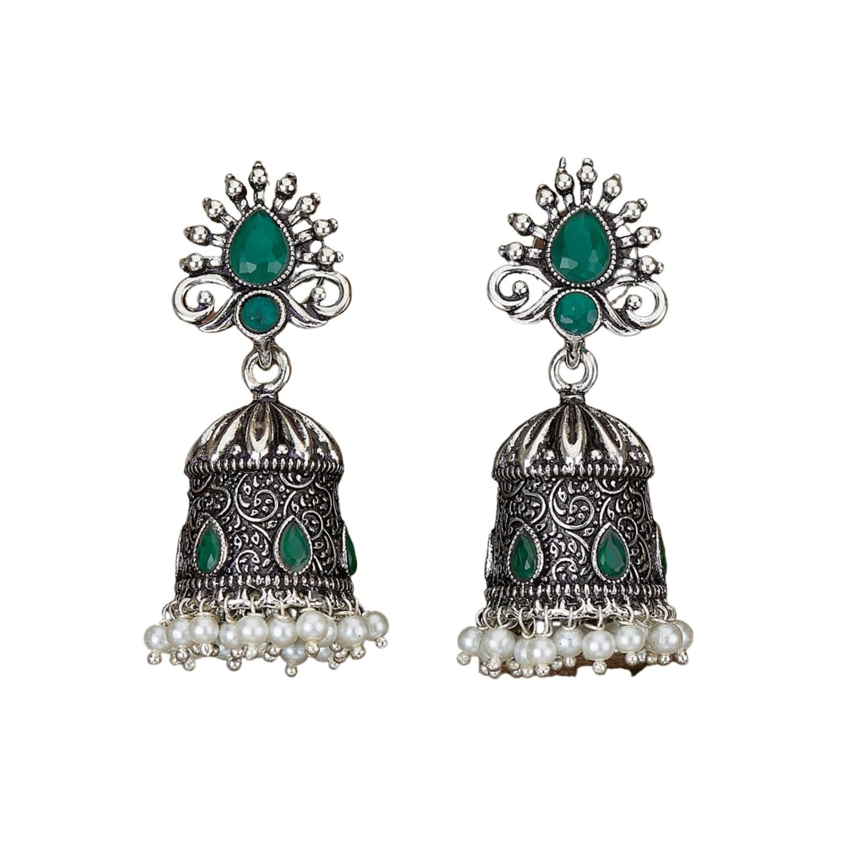 Indian Oxidized Jhumka Earrings for Women - Vintage Indian Jhumki Ethnic Chandbali Earrings Faux Pearls with Oxidized Platting Bollywood Style Dangle Earring Jewelry for Bride Gift for Her - LoveNspire
