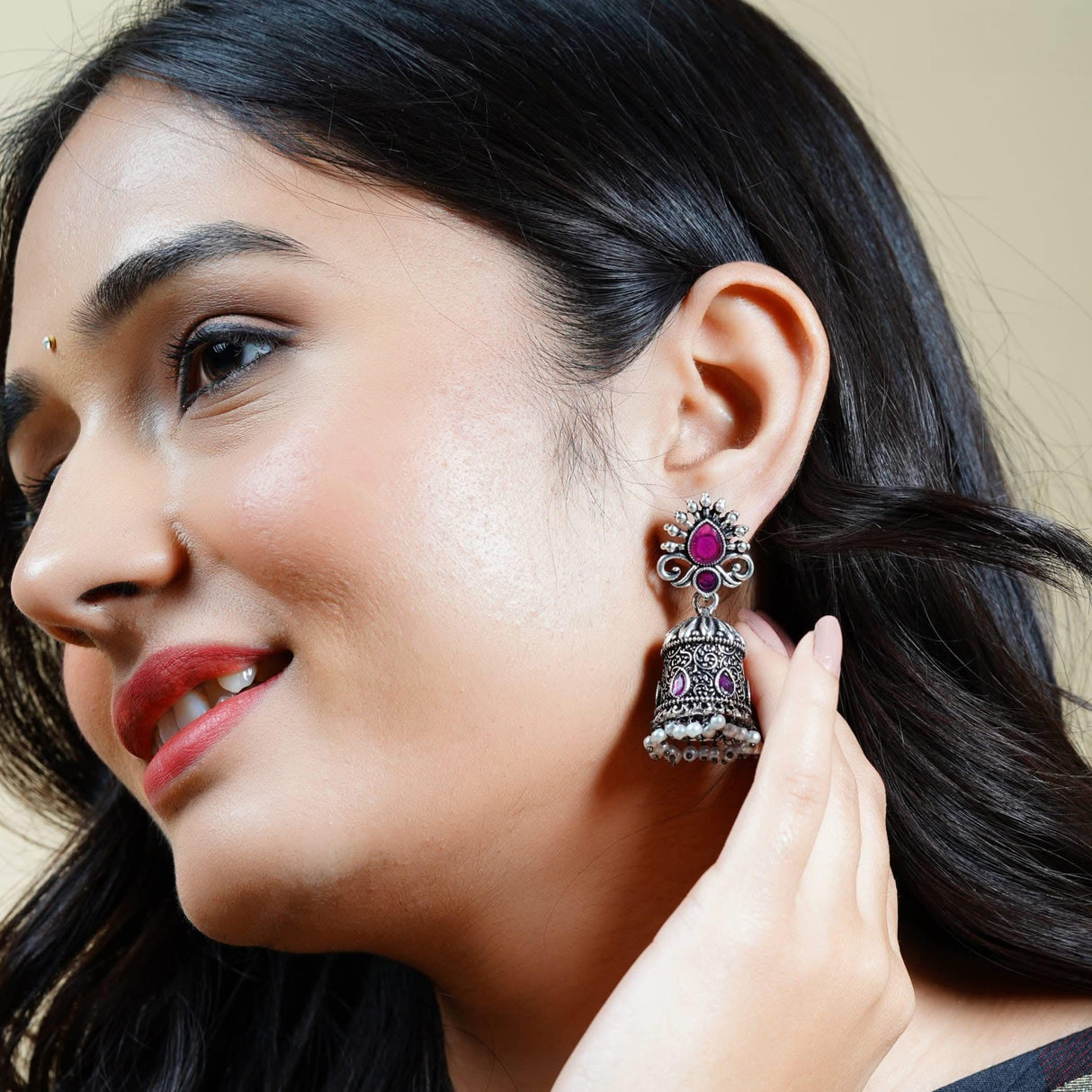 Indian Oxidized Jhumka Earrings for Women - Vintage Indian Jhumki Ethnic Chandbali Earrings Faux Pearls with Oxidized Platting Bollywood Style Dangle Earring Jewelry for Bride Gift for Her - LoveNspire