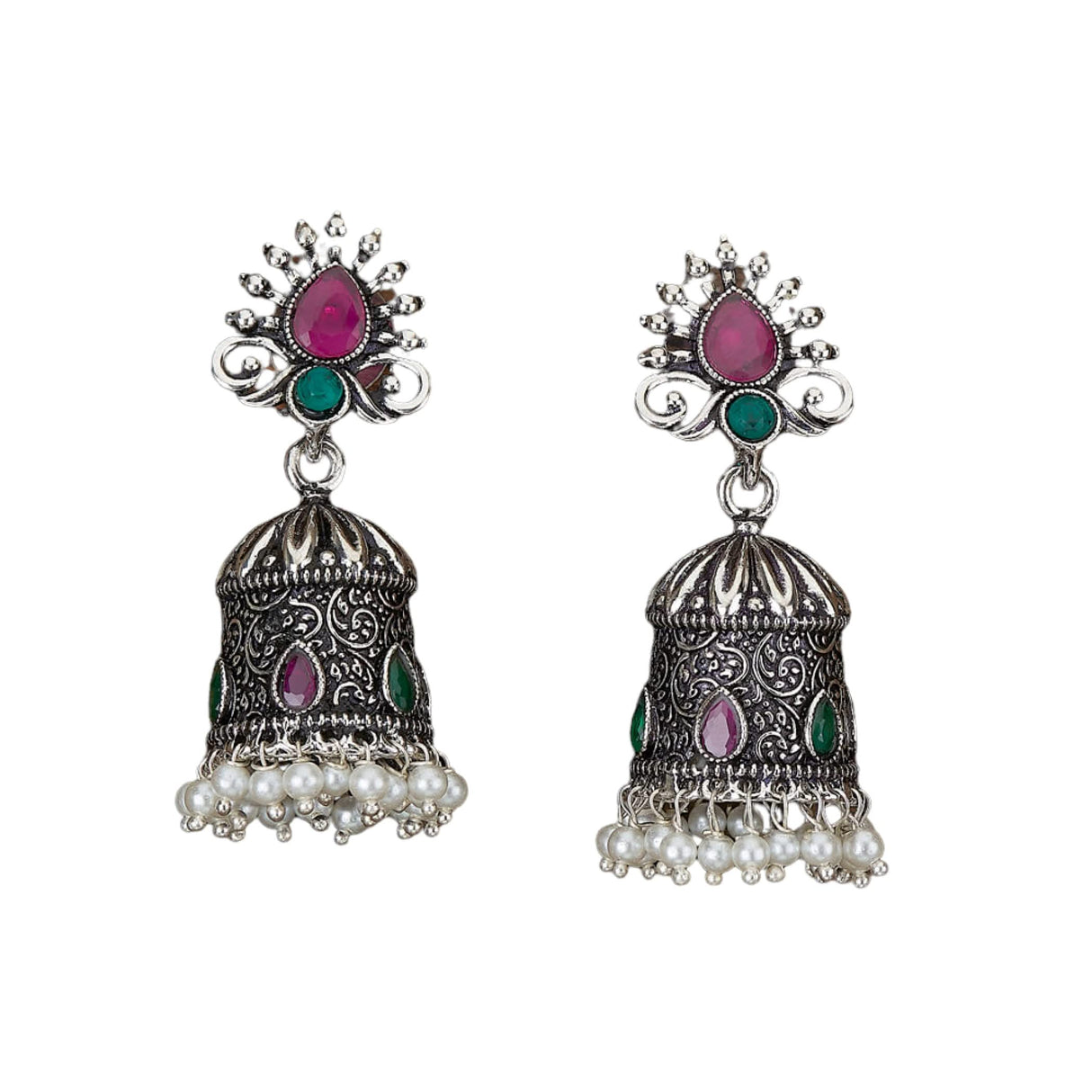Indian Oxidized Jhumka Earrings for Women - Vintage Indian Jhumki Ethnic Chandbali Earrings Faux Pearls with Oxidized Platting Bollywood Style Dangle Earring Jewelry for Bride Gift for Her - LoveNspire