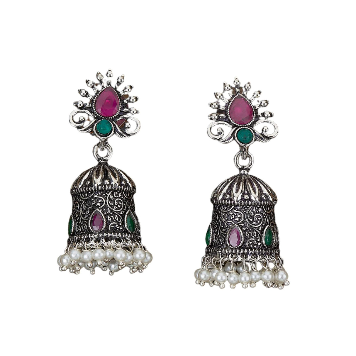 Indian Oxidized Jhumka Earrings for Women - Vintage Indian Jhumki Ethnic Chandbali Earrings Faux Pearls with Oxidized Platting Bollywood Style Dangle Earring Jewelry for Bride Gift for Her - LoveNspire