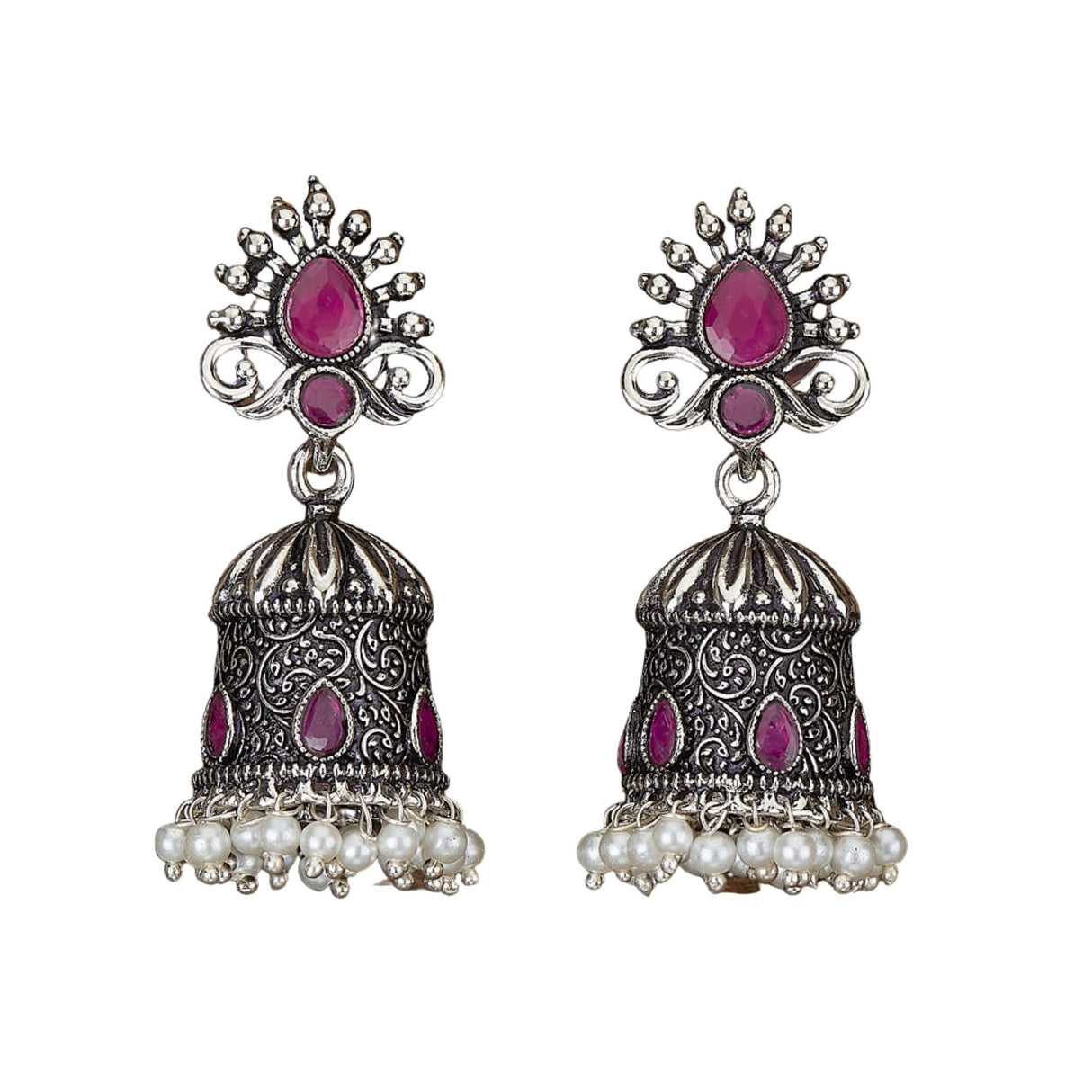 Indian Oxidized Jhumka Earrings for Women - Vintage Indian Jhumki Ethnic Chandbali Earrings Faux Pearls with Oxidized Platting Bollywood Style Dangle Earring Jewelry for Bride Gift for Her - LoveNspire