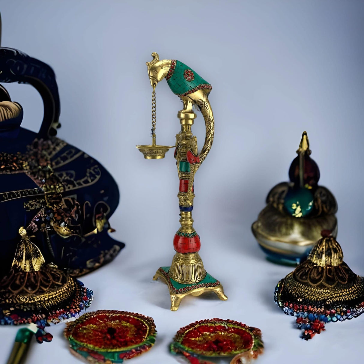 Brass Parrot Wall Hanging Diya with Chain Annam Hanging Idol Oil Lamp Diya for Home Temple Mandir Office Diwali Decor Kathu Vilakku Puja Diya - Deepawali Housewarming Return Gift - LoveNspire