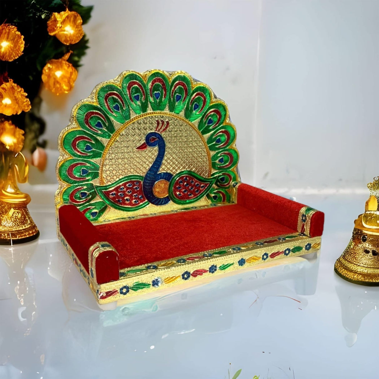 Wooden Laddu Gopal Sinhasan for Pooja Mandir Peacock Design Kanha Ji Singhasan Krishna Singhasan Aasan for All God Janamashtami Favor Meenakari Singhasan Housewarming Gift - LoveNspire